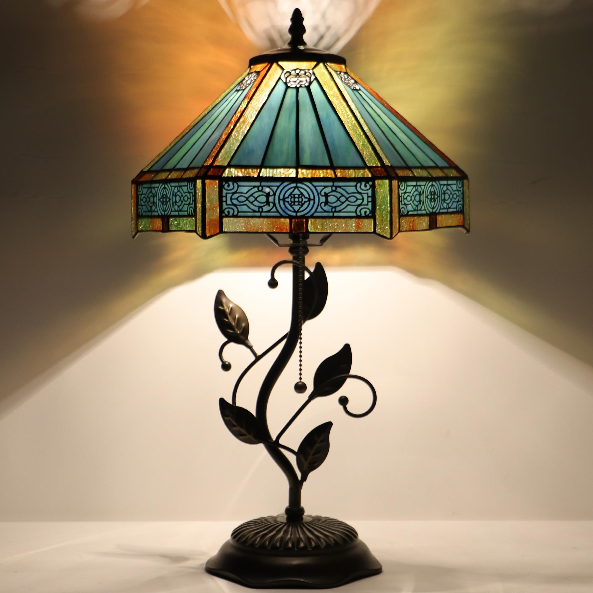 HZYFFYU Tiffany Table Lamp Stained Glass Desk Lamp Metal Leaf Base Reading Light 12X19 Inch (Hexagon Mission Style)