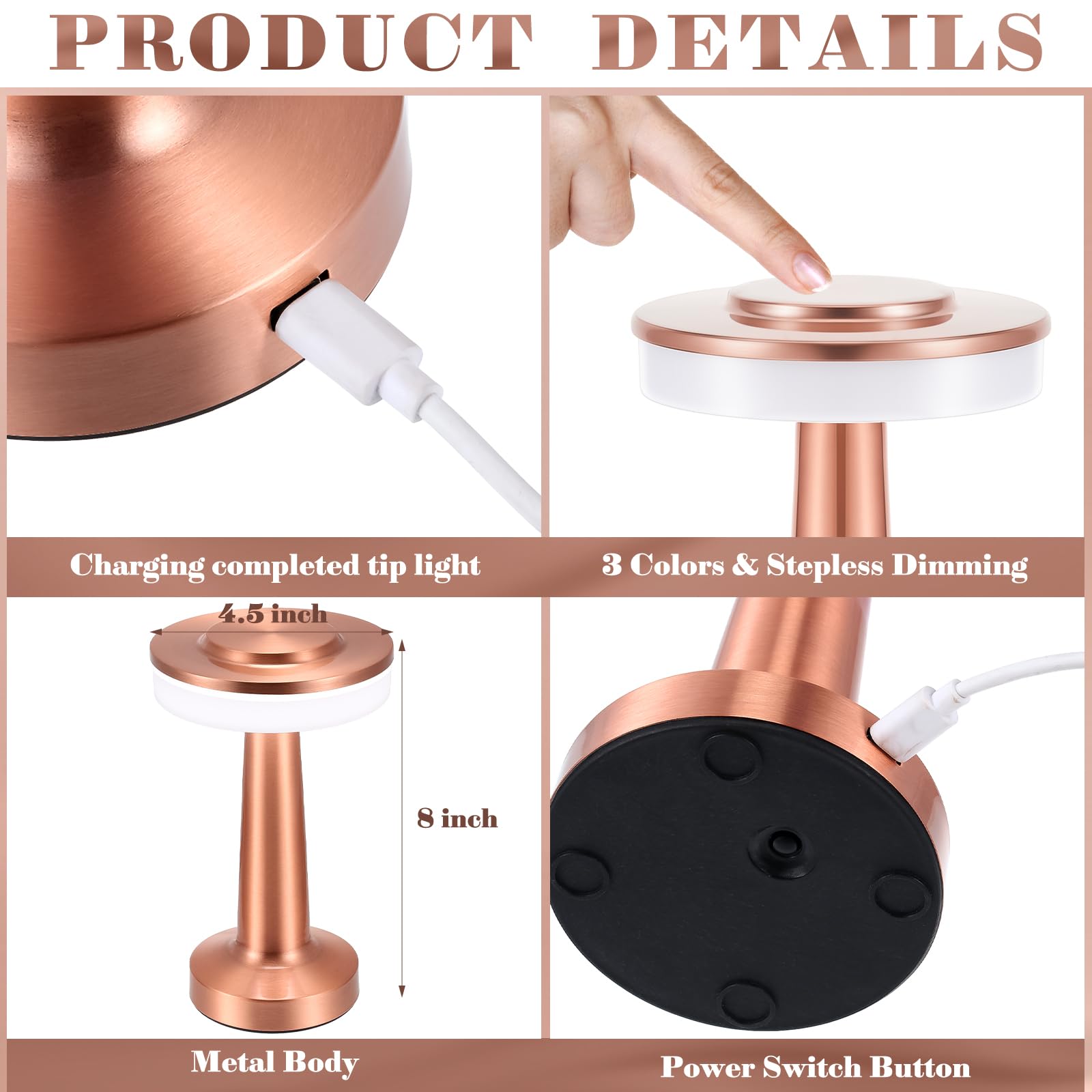 Riakrum LED Portable Cordless Table Lamp, Touch Sensor, 3 Color Dimming, Rechargeable, Rose Gold
