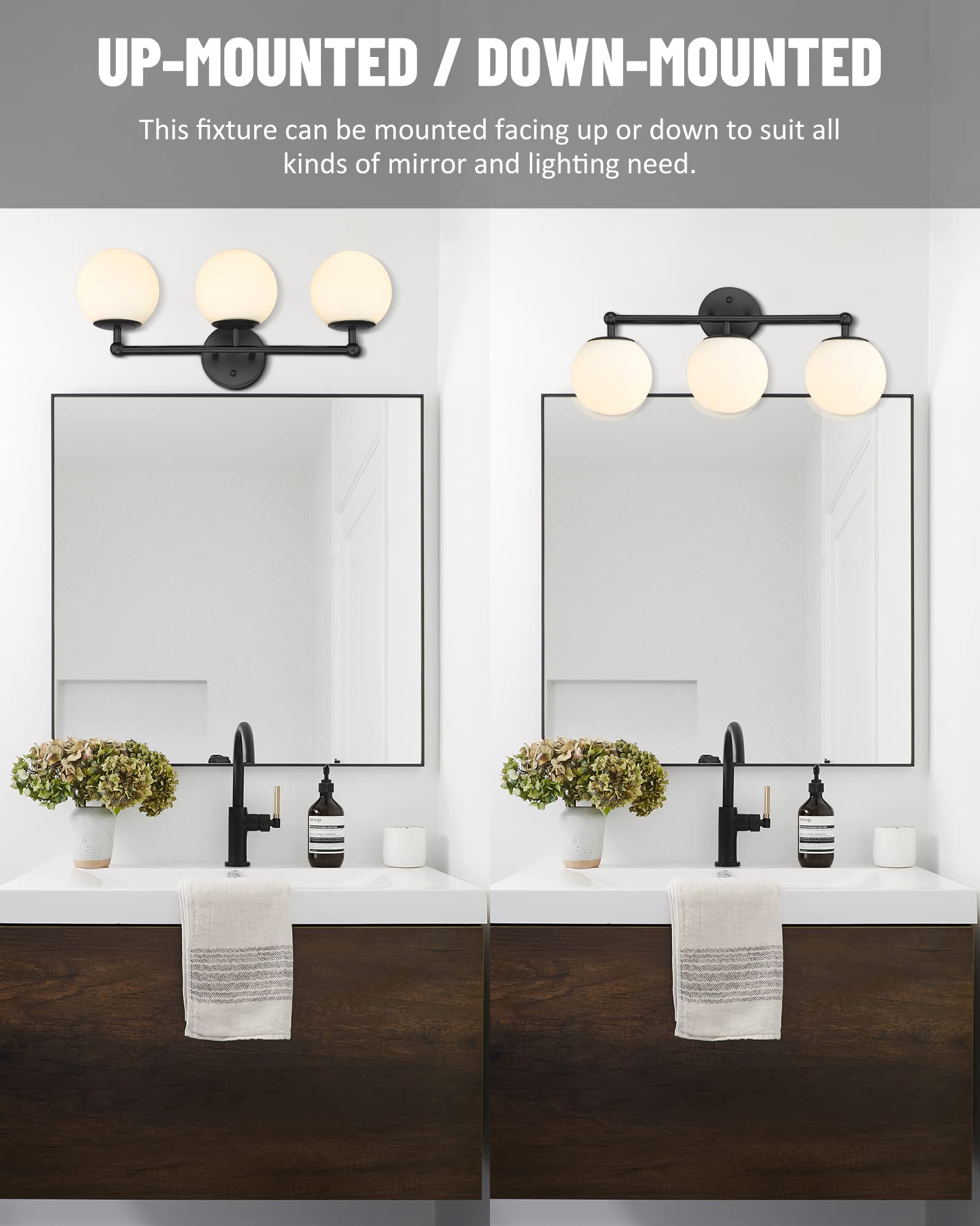 AKEZON 3-Light Black Vanity Lights for Bathroom, Milky Glass Globe Shade, Model KW-7307-3