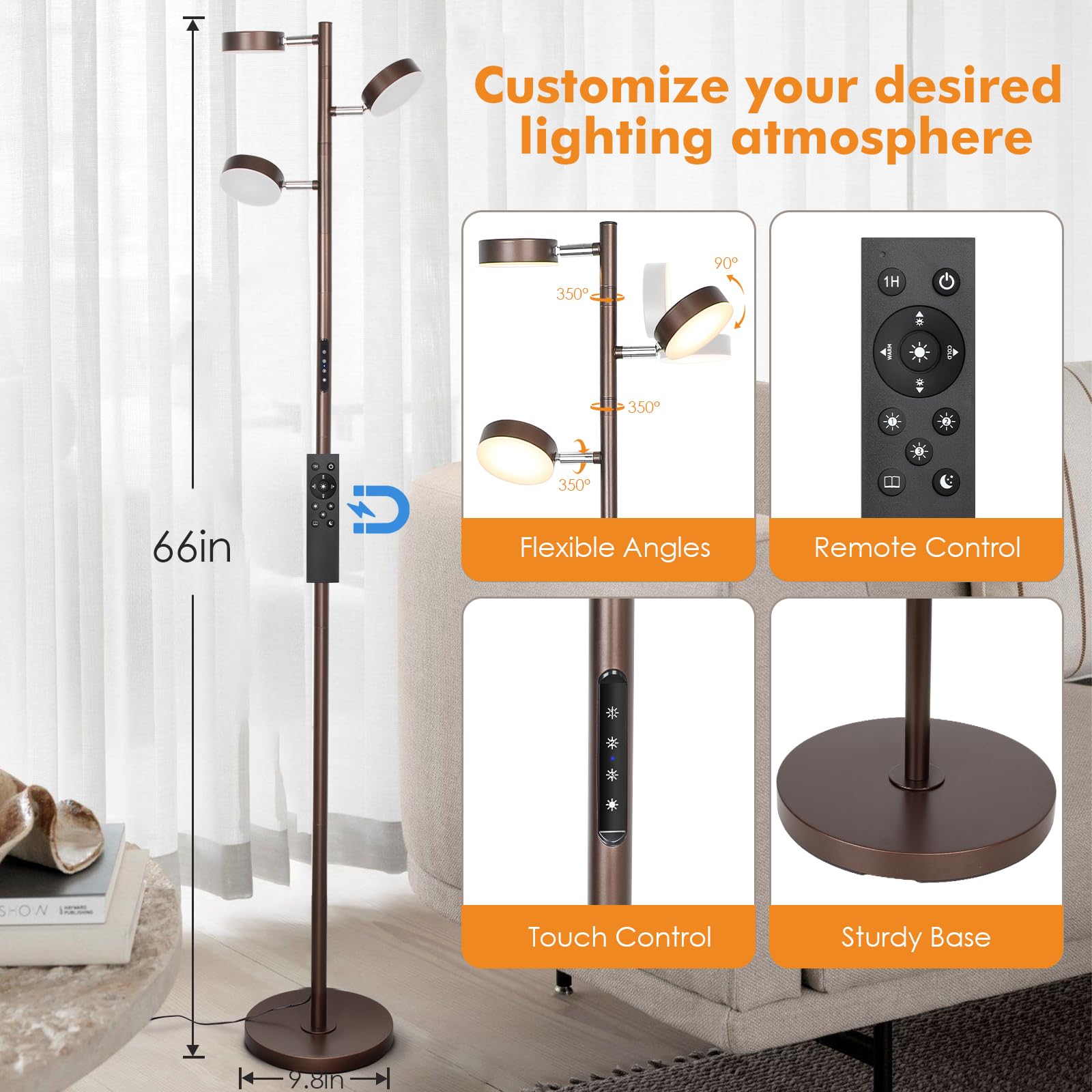 Junnai Dimmable Led Floor Lamp, Modern Tall Standing Lamp With Remote & Touch Control, 4 Color Temperatures, 3 Rotatable Light Tree Floor Lamps For Living Room Bedroom Office Reading, Brown