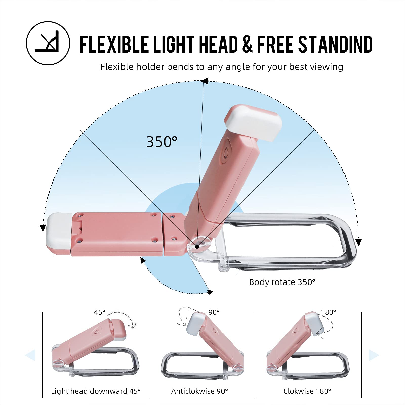 EGWASER Book Light, USB Rechargeable, 3 Brightness Levels, Dimmable, 2-Pack, Clip-On, Pink, Model EG-BL-24-1