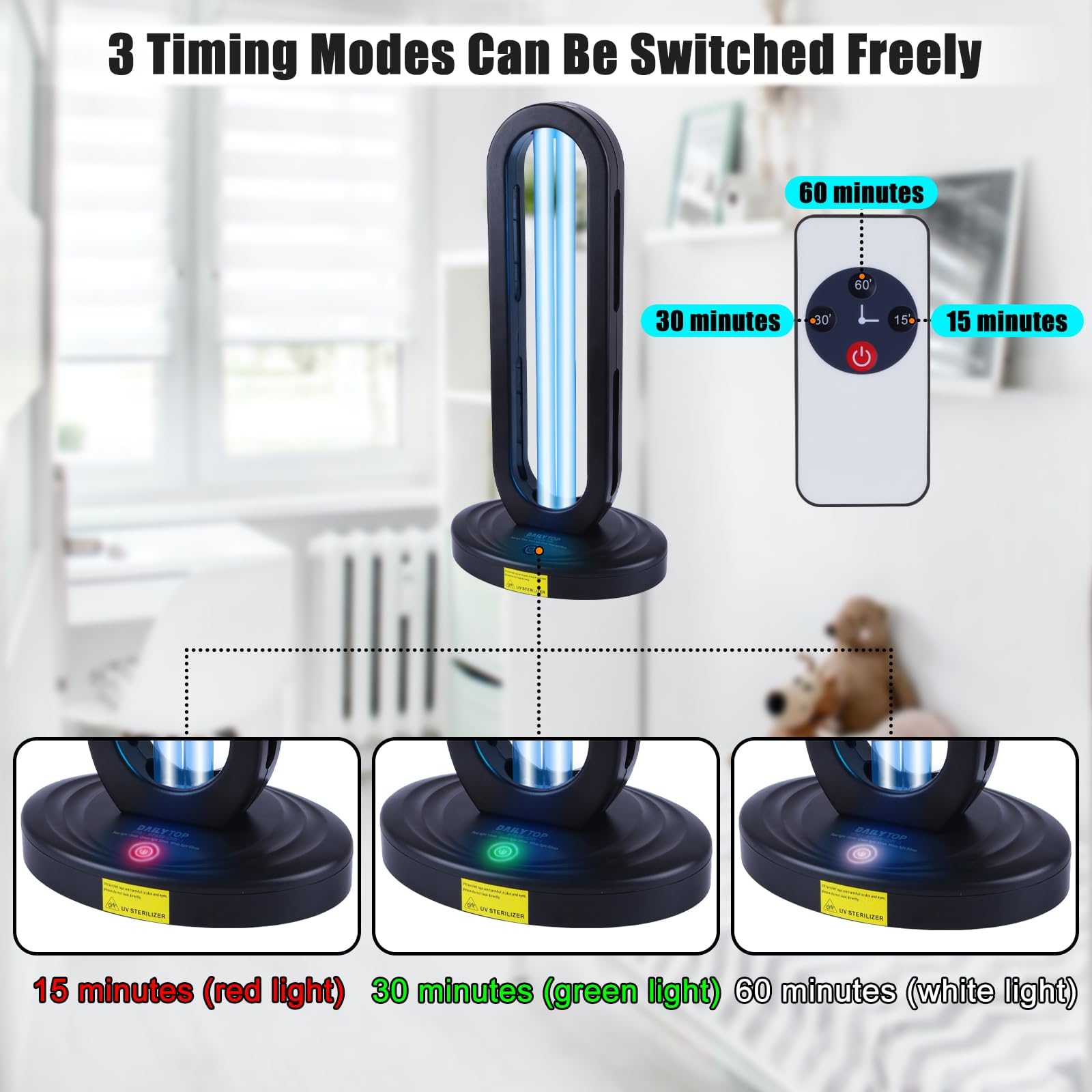 Dailytop UV Light Sanitizer, 38W Home Disinfection Device, Remote Control, Black, Model EB, for Dust Mites and Room Use