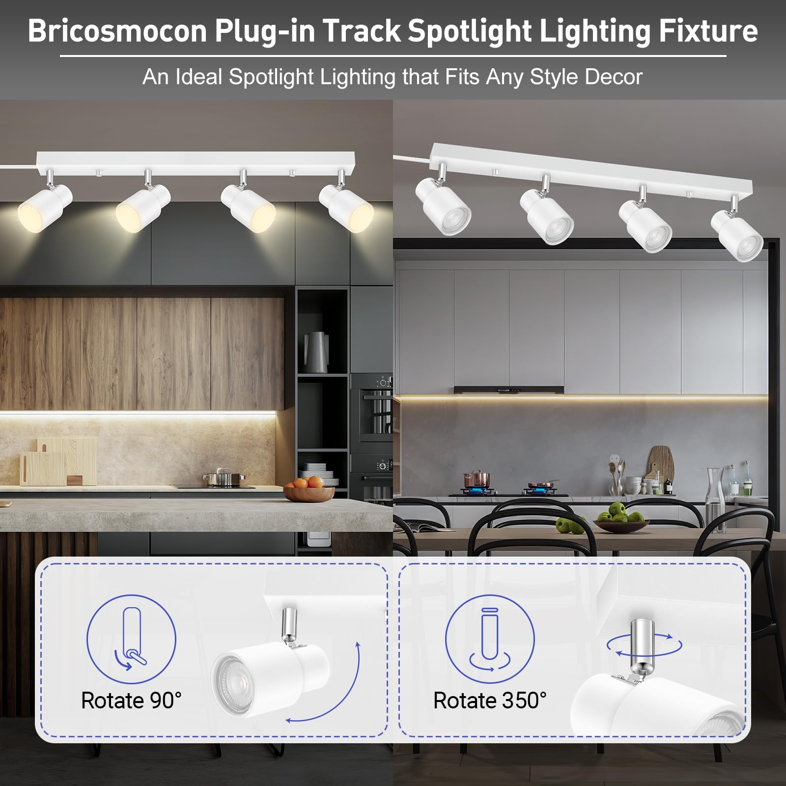 Plug-In Led Track Light Fixtures, 23'' White 4-Way Spotlight, Rotatable Track Head, Plug-In Ceiling Light With Power Cord, Wall
