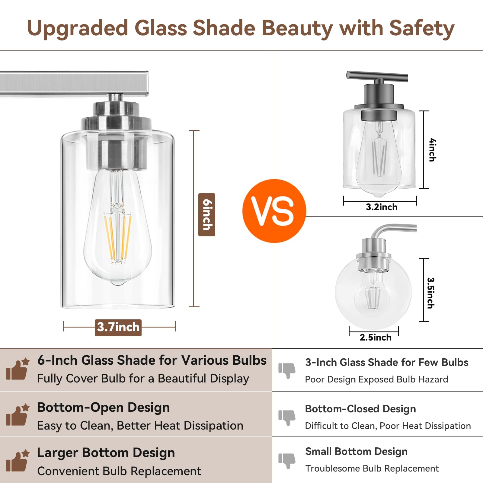 VerRon 4-Light Bathroom Light Fixture, Brushed Nickel, Metal, Model B27002PB, Modern Vanity Lights with Clear Glass Shades