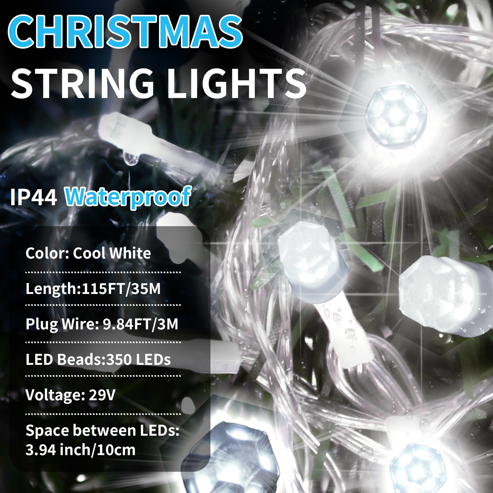 ROADAYLY LED Christmas Lights, 115FT 350LED, Cool White, Waterproof, 8 Modes & Timer, Model DAOYI02-MNO02, Outdoor Fairy Lights