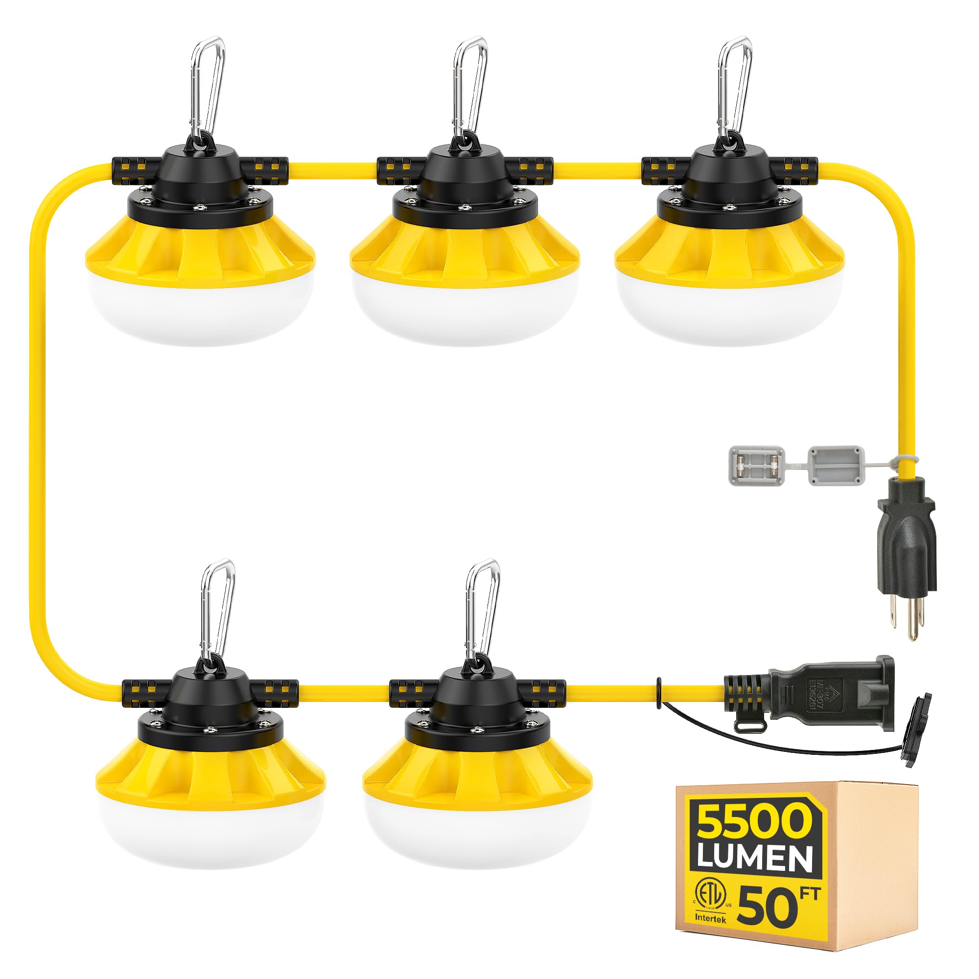 HYANGLUX 50ft LED String Lights: 3 Prong 50w 5500lm ETL Certified Bright Industrial Outdoor Temporary Lighting Hanging IP65 Wate