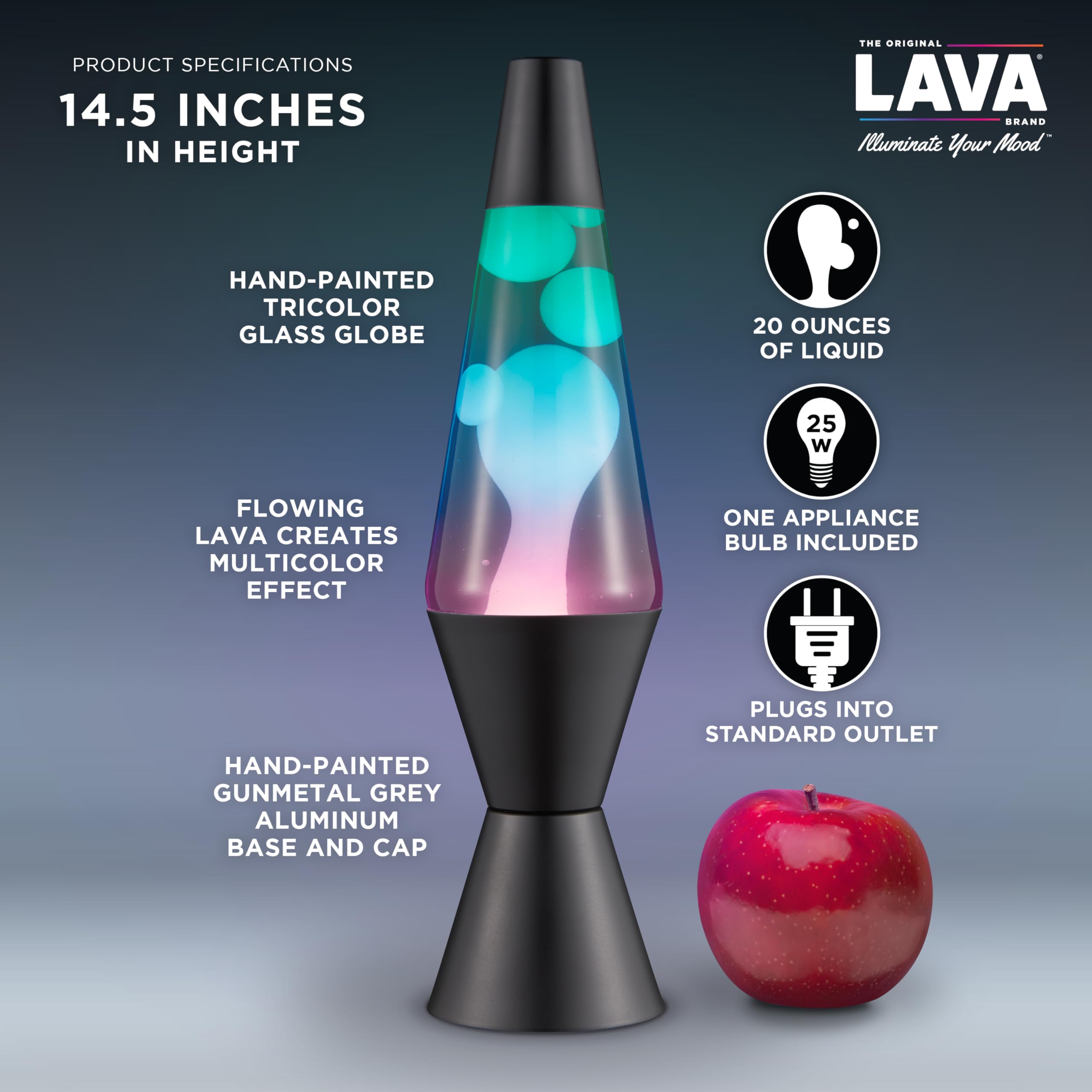 Lava Original Lamp - Classic Liquid Motion - 14.5in - Gunmetal Grey - Tri-Colored Green/Blue/Purple - Model #2098