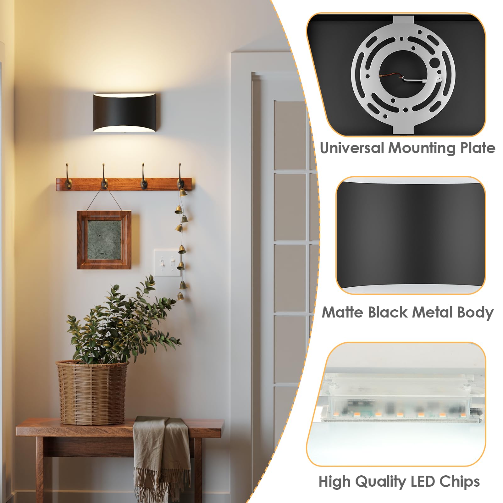 FOLKSMATE Modern LED Wall Sconces Set of 2, 10W Up & Down, 3000K Warm White, Matte Black, 7.68 Inch, Hardwired