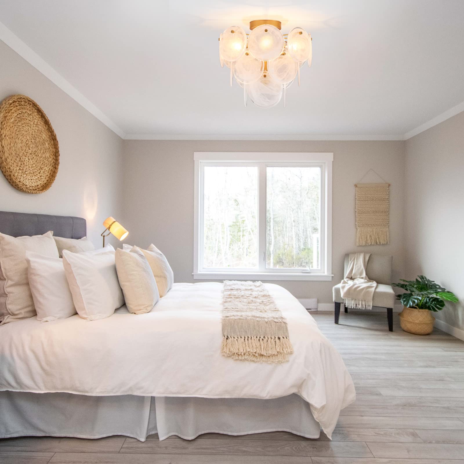 Vanzarla Modern Flush Mount Glass Ceiling Light, Gold Hallway Lights Vintage Chandelier, 4-Light Unique Light Fixture For Bedroo