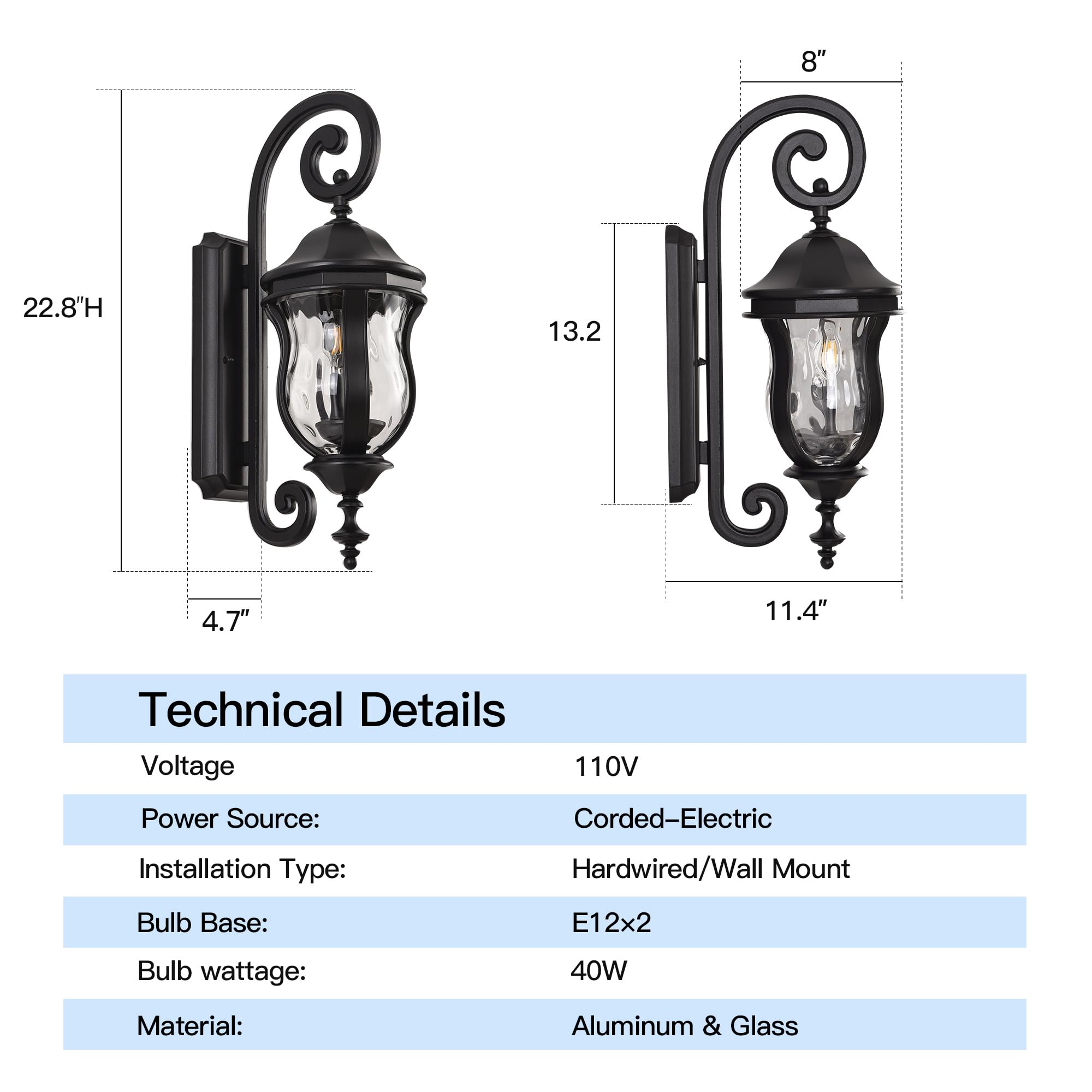 Smeike Outdoor Wall Sconces - Black Aluminum Exterior Lantern, 22.8" H, Waterproof Lighting for Patio & Garage