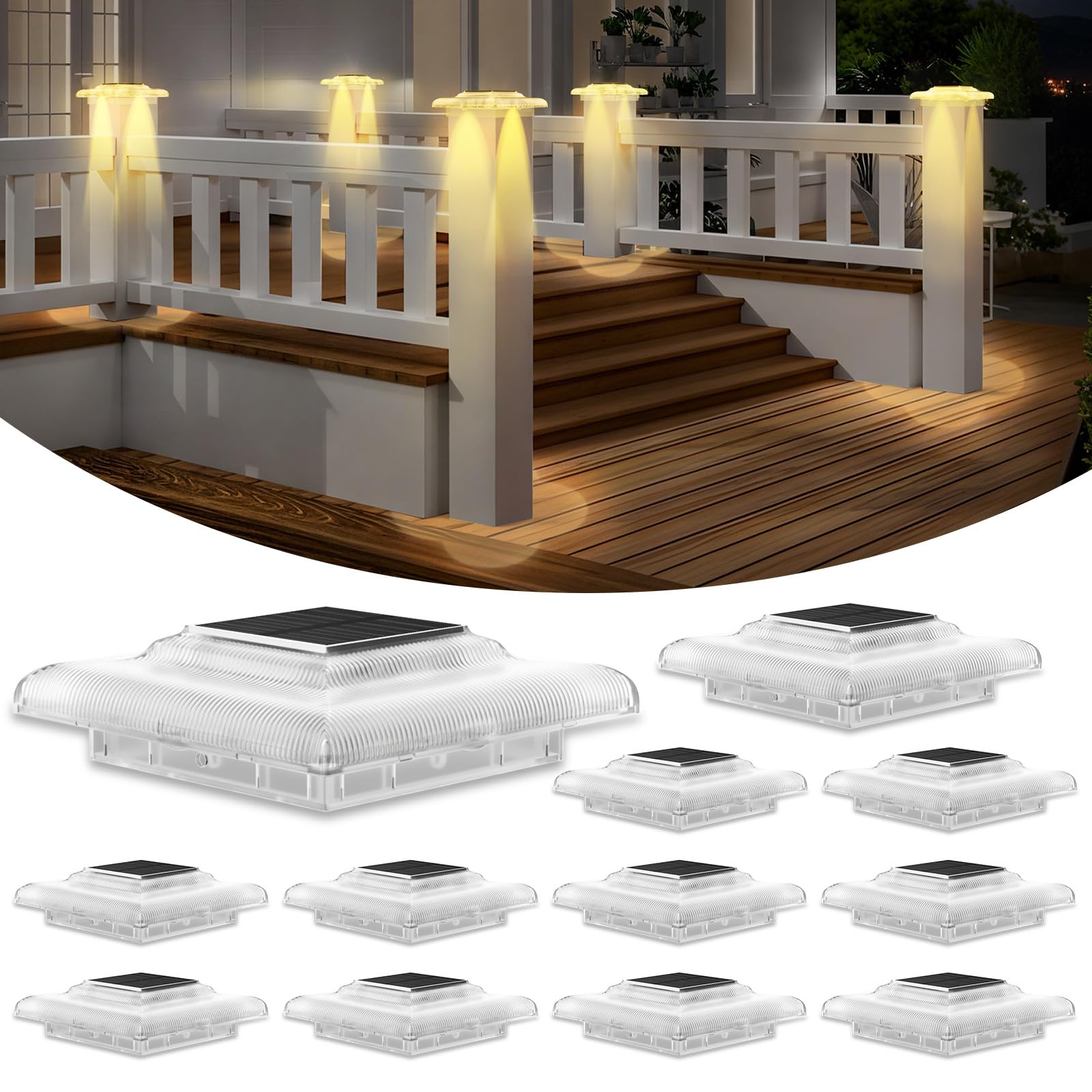 T-Sun 4X4 Solar Post Cap Lights  Fence Post Solar Lights Fit For 4X4 Vinyl Wooden Posts  Ip65 Waterproof Outdoor Lighting For Stairs Step  Deck  Patio  Garden (12 Packs  Transparent  Warm White)