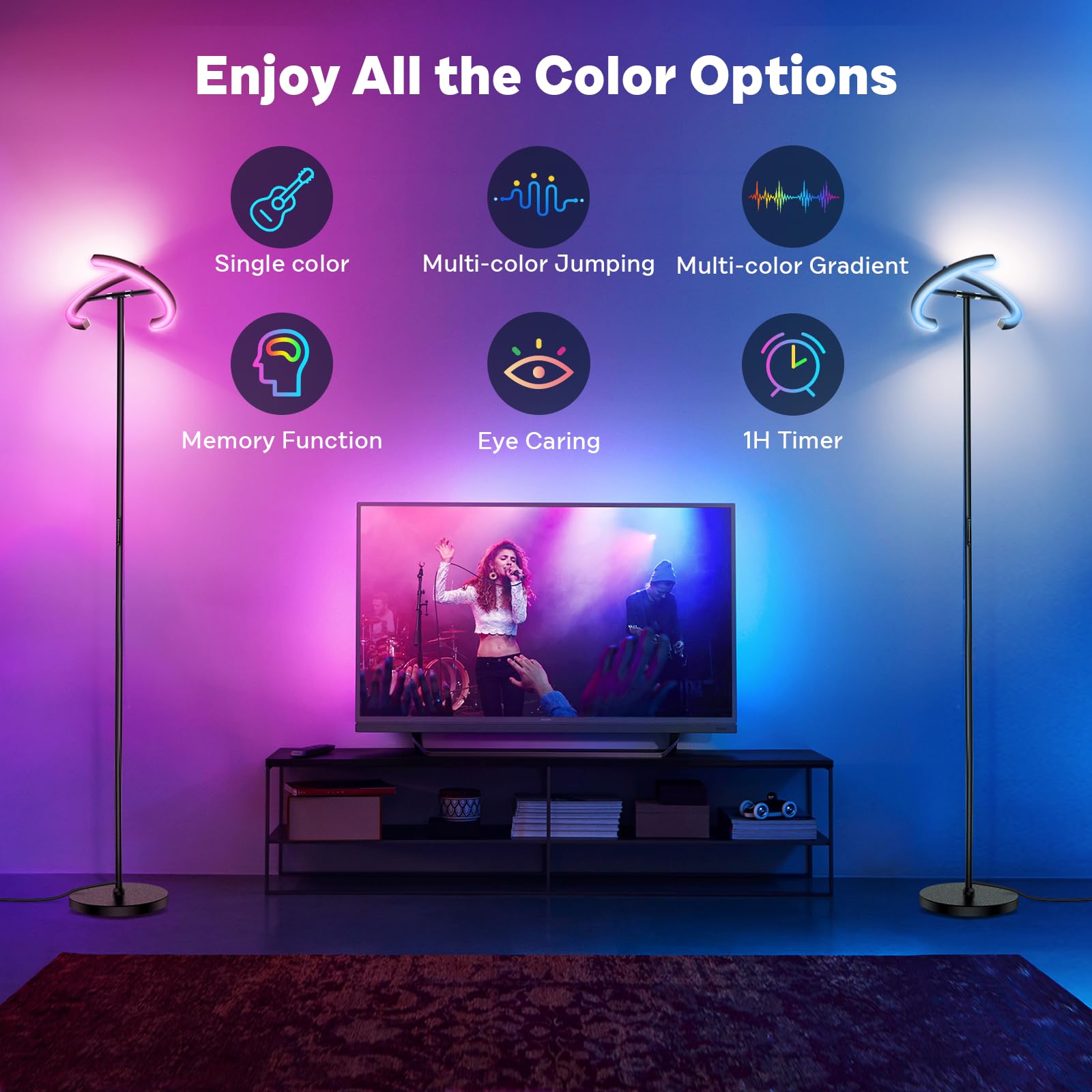 SIBRILLE RGBCW Floor Lamp - Color Changing, Dimmable LED, Remote Control, Rotatable, Black with RGB, Upgraded Size