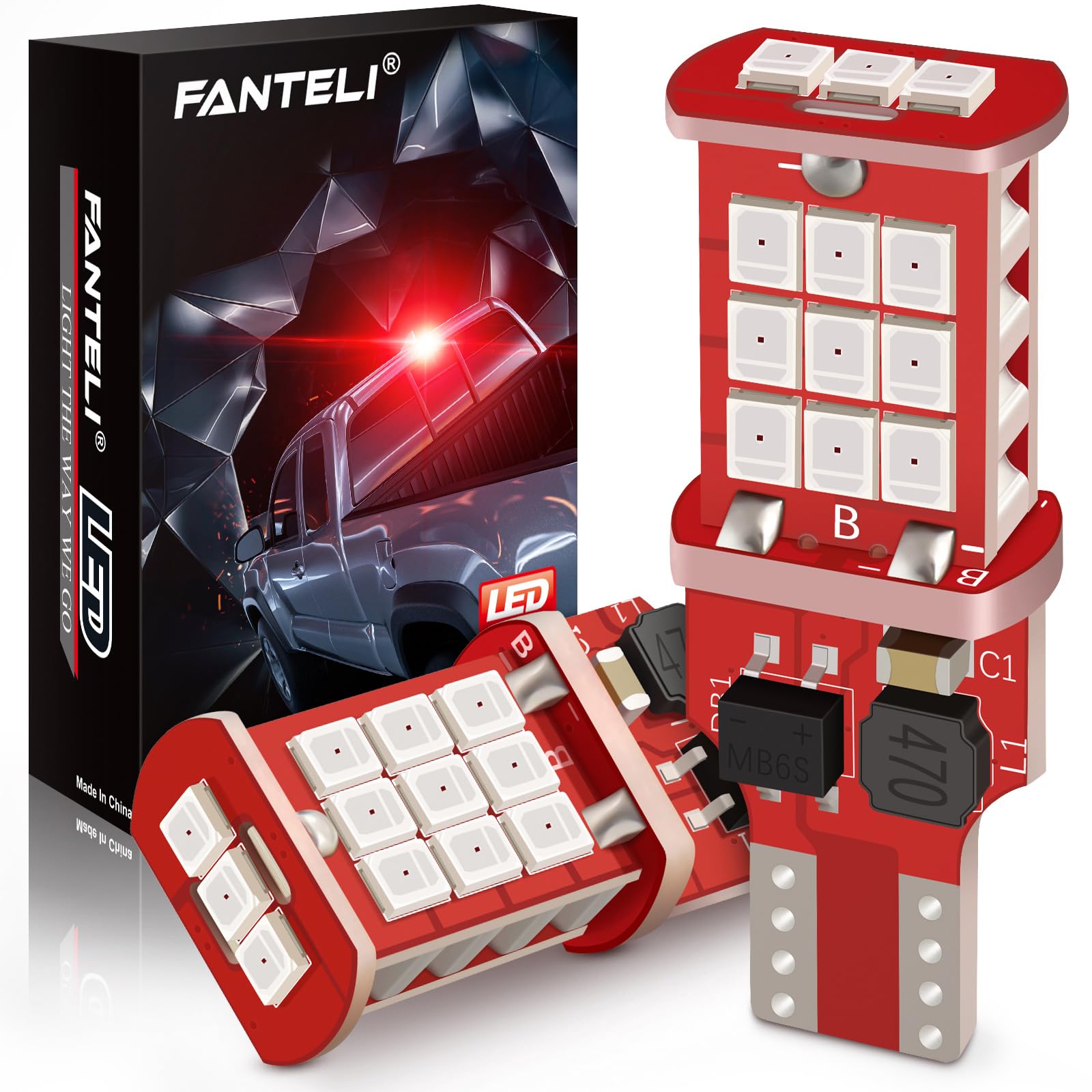 FANTELI LED Bulb Red T15 906 904 W16W 921/912, Non-Polarity, 300% Brighter, Pack of 2, Aluminum