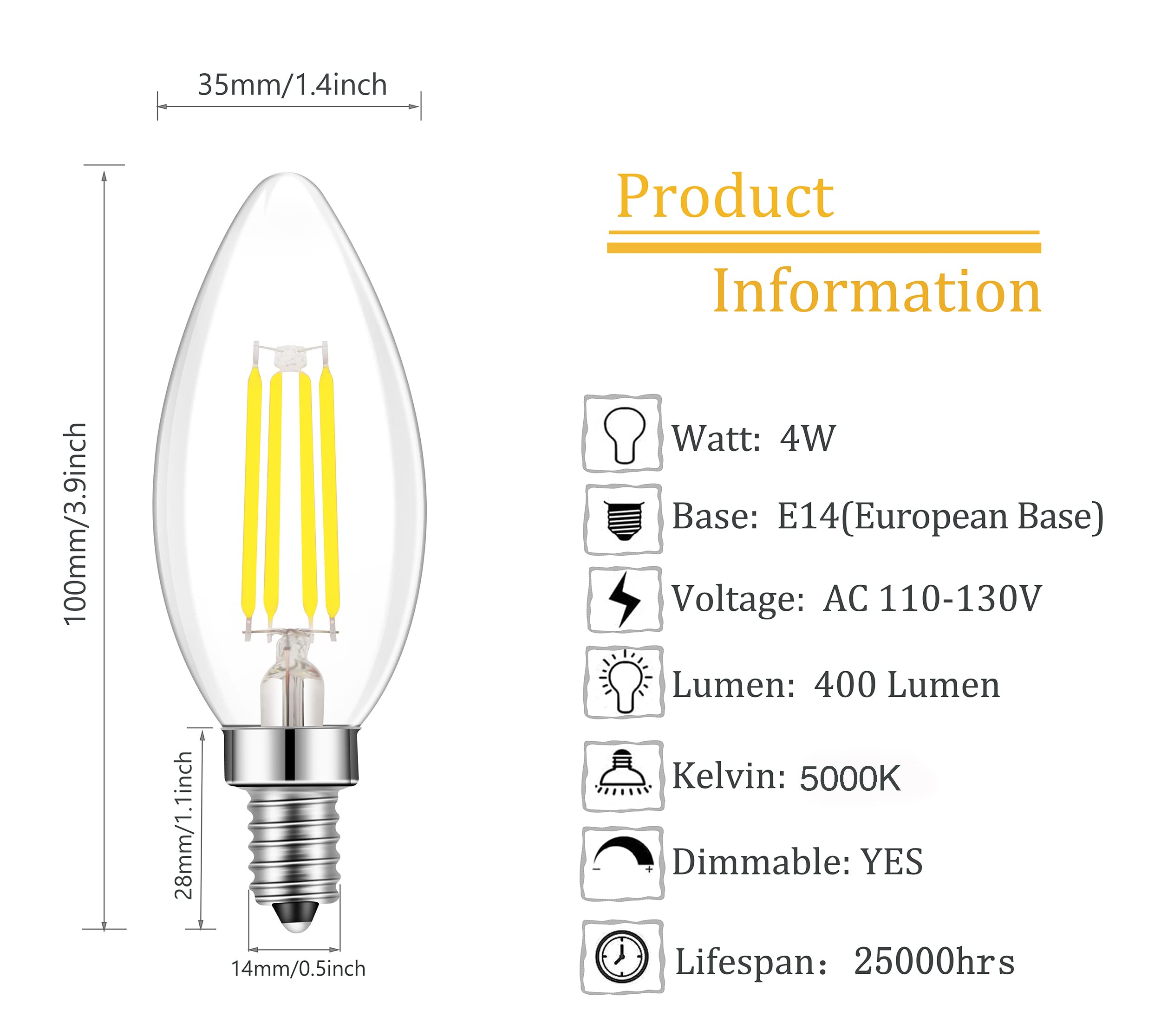 Lamsky E14 Led Bulb Dimmable,110V 400Lm 40W Equivalent Daylight White 5000K,E14 European Base Candelabra Led Bulbs,C35 Clear Gla