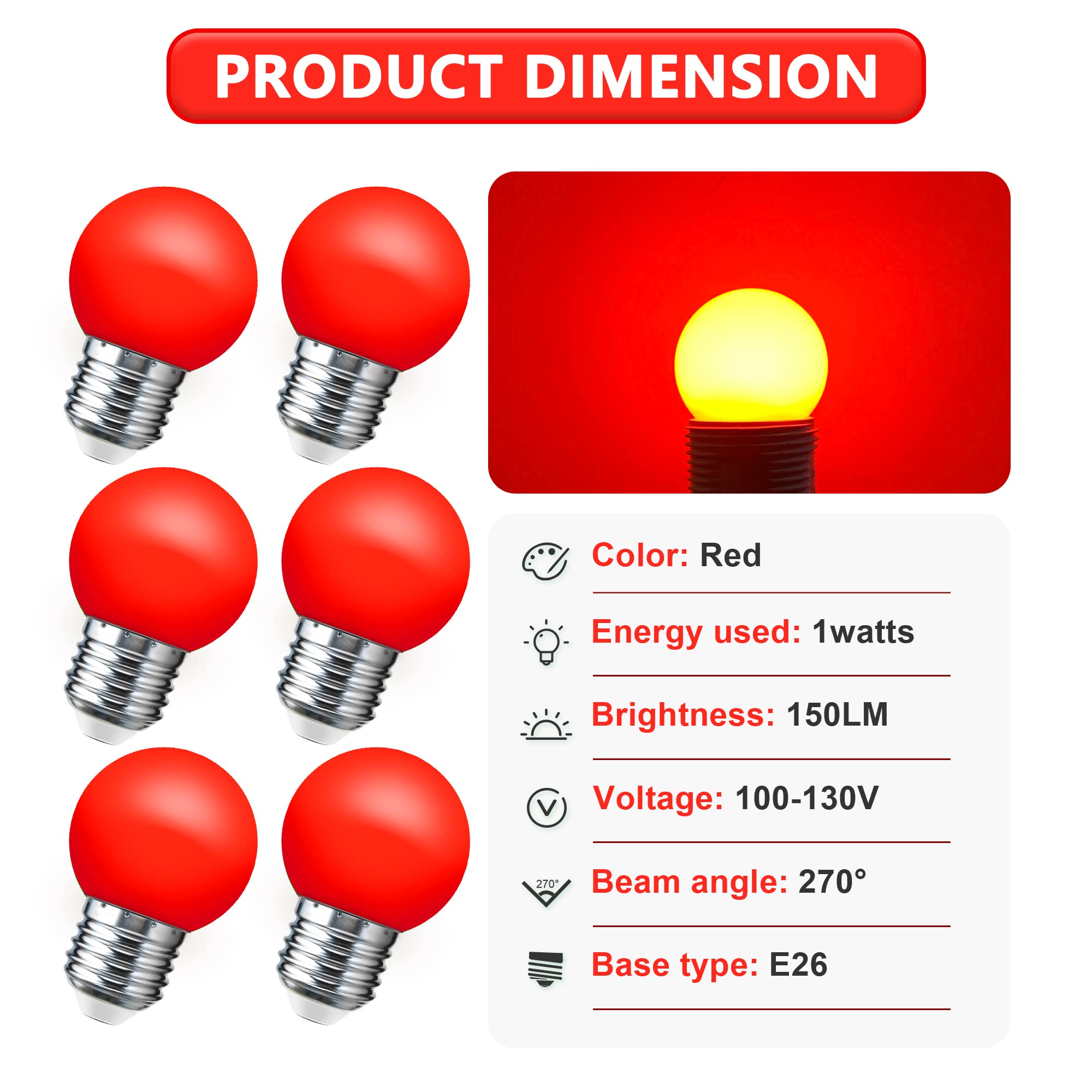 Led Red Light Bulb 15W Equivalent, G45 Led Christmas Globe Light Bulbs, 1W Led Colored Night Lights, Mini Edison E26 Base Bulb F