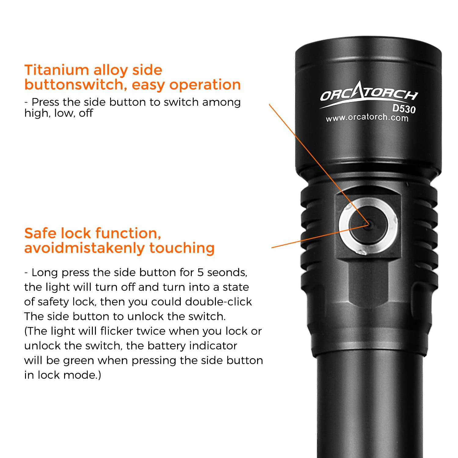 Orcatorch D530 Red Led Dive Light Scuba Flashlight  210 Lumens  6 Degrees Narrow Beam Angle  Titanium Alloy Side Button Switch  2 Lighting Modes With Battery Indicator For Underwater 150 Meters Diving