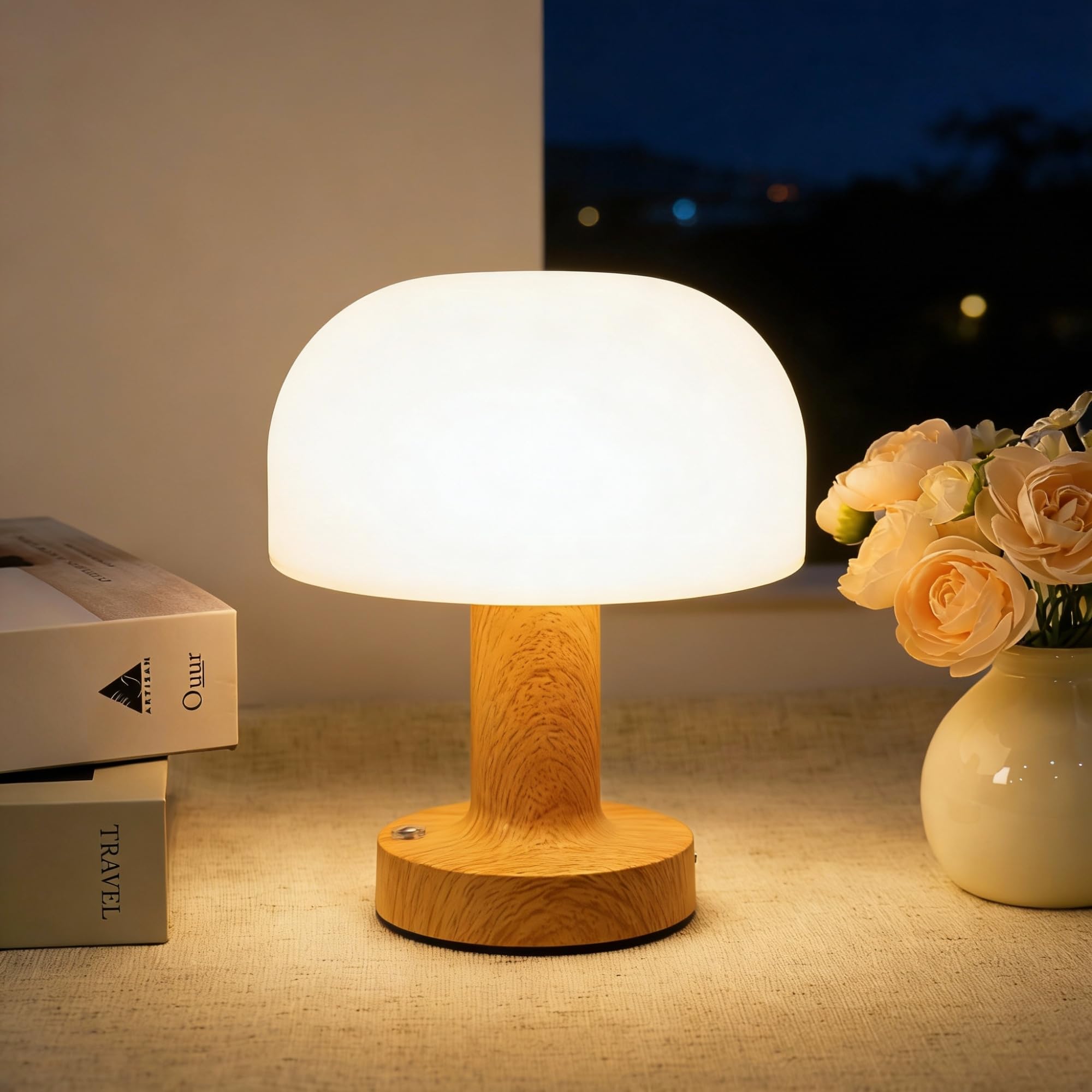 HAPYGI Small Mushroom Table Lamp, Cordless Night Light with 2600mAh Rechargeable Battery, Stepless Dimming Desk Lamp with 3 Colo