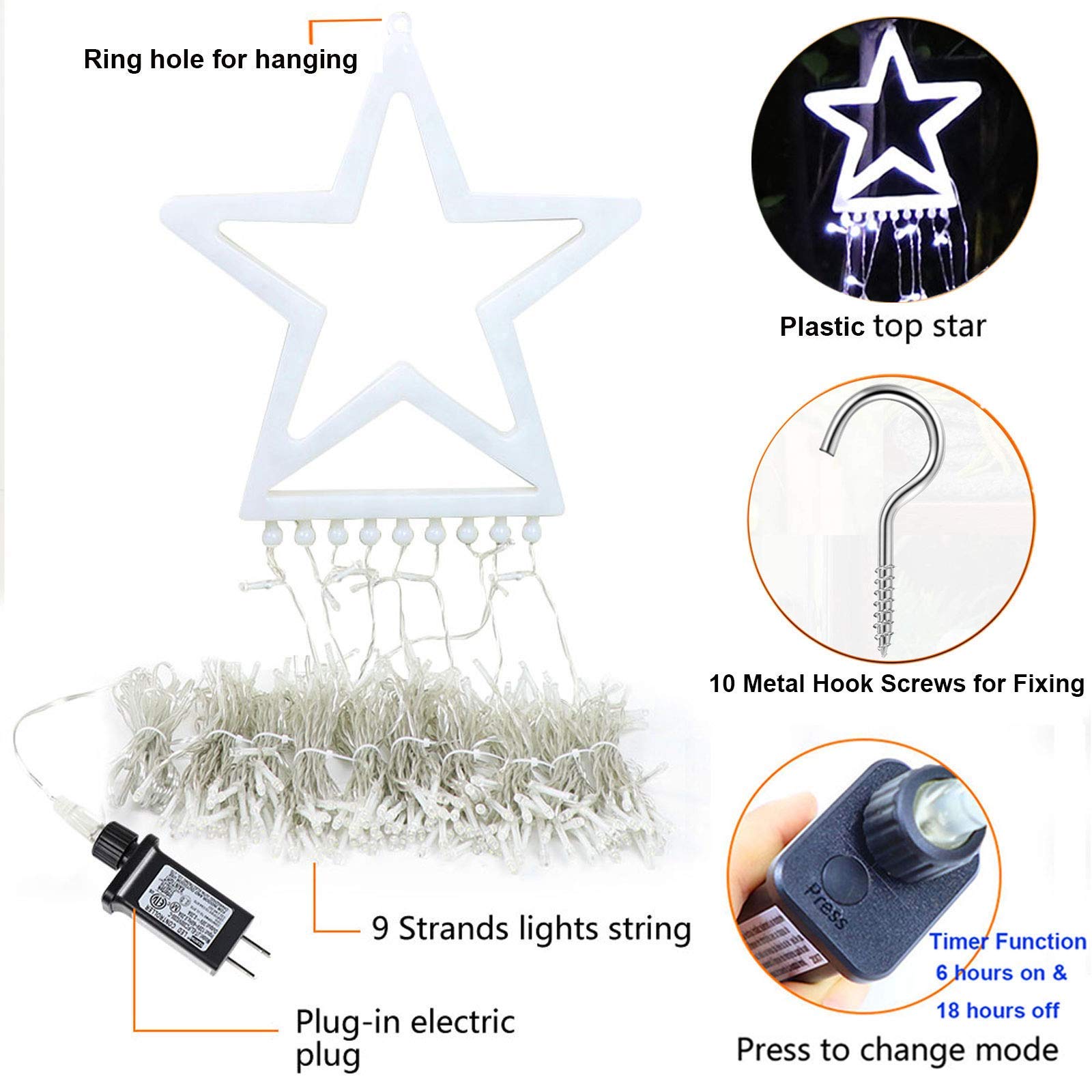 FUNIAO Christmas Star String Lights - 320 LED Outdoor Decor, 12" Lighted Star, White, Model YLS1000WD01