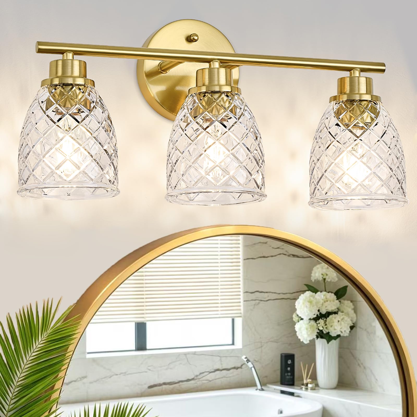 Szohva 3-Light Bathroom Light Fixtures, Modern Brushed Gold Vanity Light Over Mirror, Wall Sconce with Clear Hammered Glass Shad