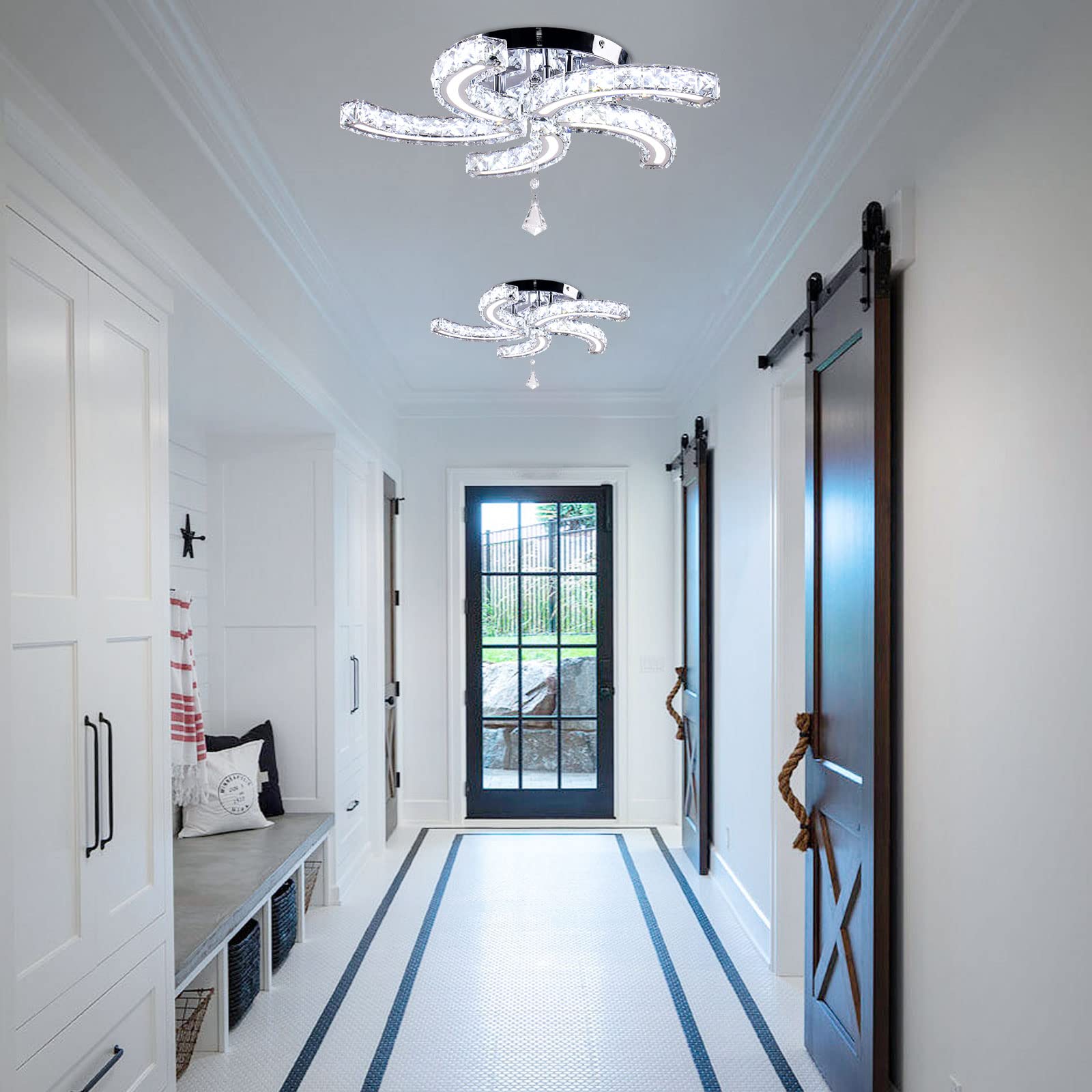 FRIXCHUR Modern Crystal Chandelier 5 Arms LED Light Fixture Flush Mount Dimmable with Remote, Acrylic, US-MC082-YKL