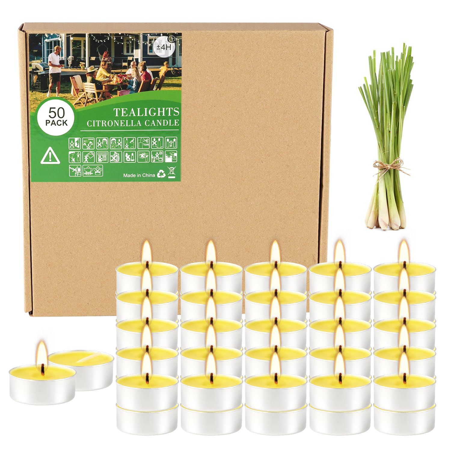 Yellow Tea Lights Candle Bulk, 4 Hours Dripless Smokeless Citronella Candles for Home Garden Patio Yard Balcony Backyard - 50 Pa