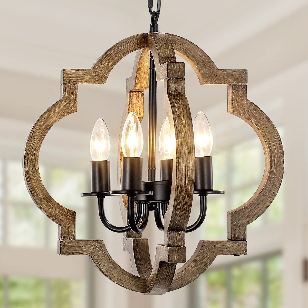 Farmhouse Orb Chandelier, 4-Light Rustic Wood Chandelier for Dining Room, 15.74'' Pendant Light for Kitchen Island Hallway Foyer