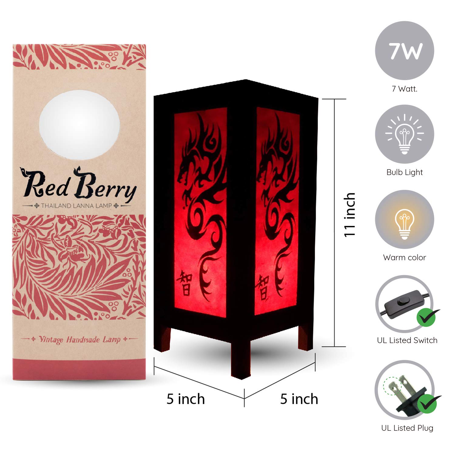 Red Berry Thailand Lanna Lamp Black Dragon Lamp - Handmade Thai Vintage Chinese Lamp, Asian Oriental Wood Table Lamp Or Floor Lamp For Bedroom, Garden, Modern Décor Vsxg