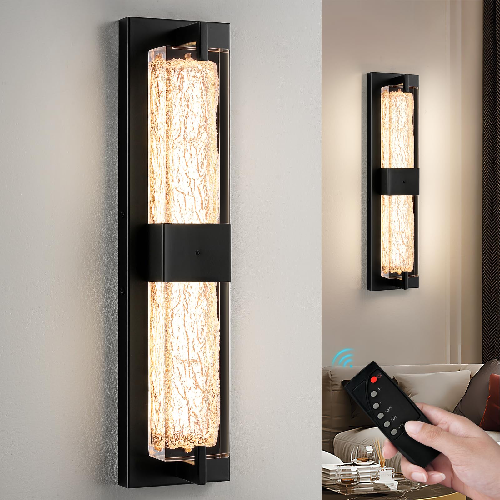 Battery Operated Resin Wall Sconce - Wireless Rechargeable Black Wall Light Dimmable Led Remote Wall Sconces Lighting Modern Cordless Vanity Light Fixtures No Wiring For Living Room Bedroom Bathroom