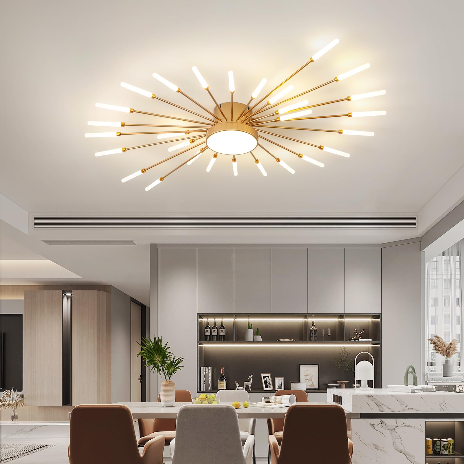 Ziidoo Modern Ceiling Light  28+1 Lights Metal Firework Designed Chic Led Lighting Fixture For Farmhouse Kitchen Dining Room Bedroom Hallway Living Room (Gold And Dark Gold)