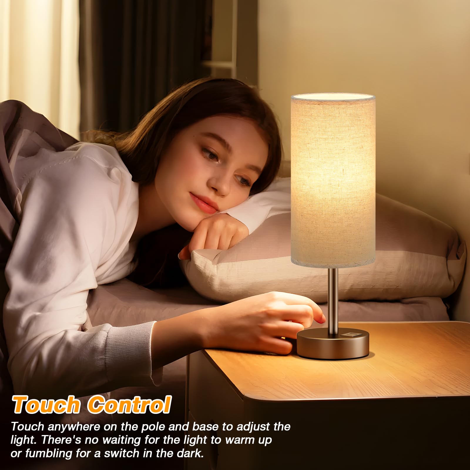 Beige Touch Table Lamp For Bedroom - 3 Way Dimmable Bedside Lamp With Usb, Nightstand Lamp With Brown Charging Station For Desk,