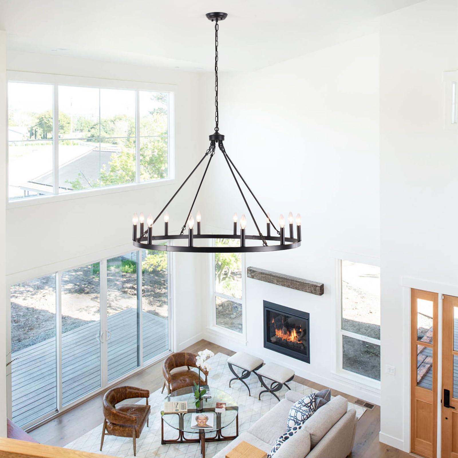 Wagon Wheel Chandelier 12 Light 38'' Large Black Farmhouse Chandelier For Dining Room Rustic Country Pendant Light Fixtures Hang