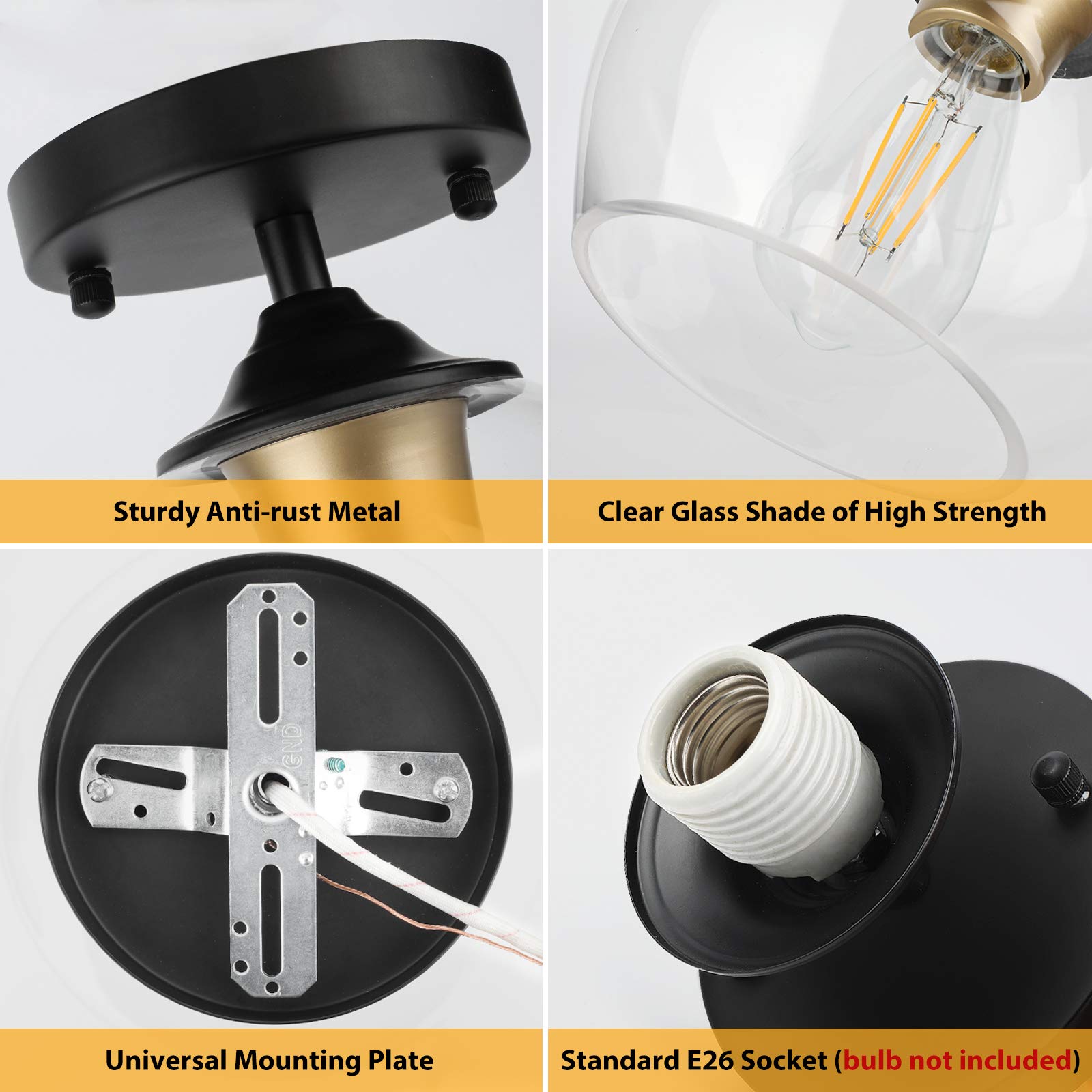 BesLowe Modern Semi Flush Mount Ceiling Light, Black, Clear Glass Shade, Industrial Design, Model C2508-01-GDBK