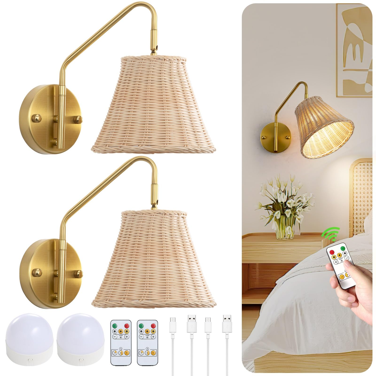 Boho Battery Operated Wall Sconce, 100% Natural Rattan Wall Sconces Set of Two Battery Operated, Adjustable Battery Wall Sconce,