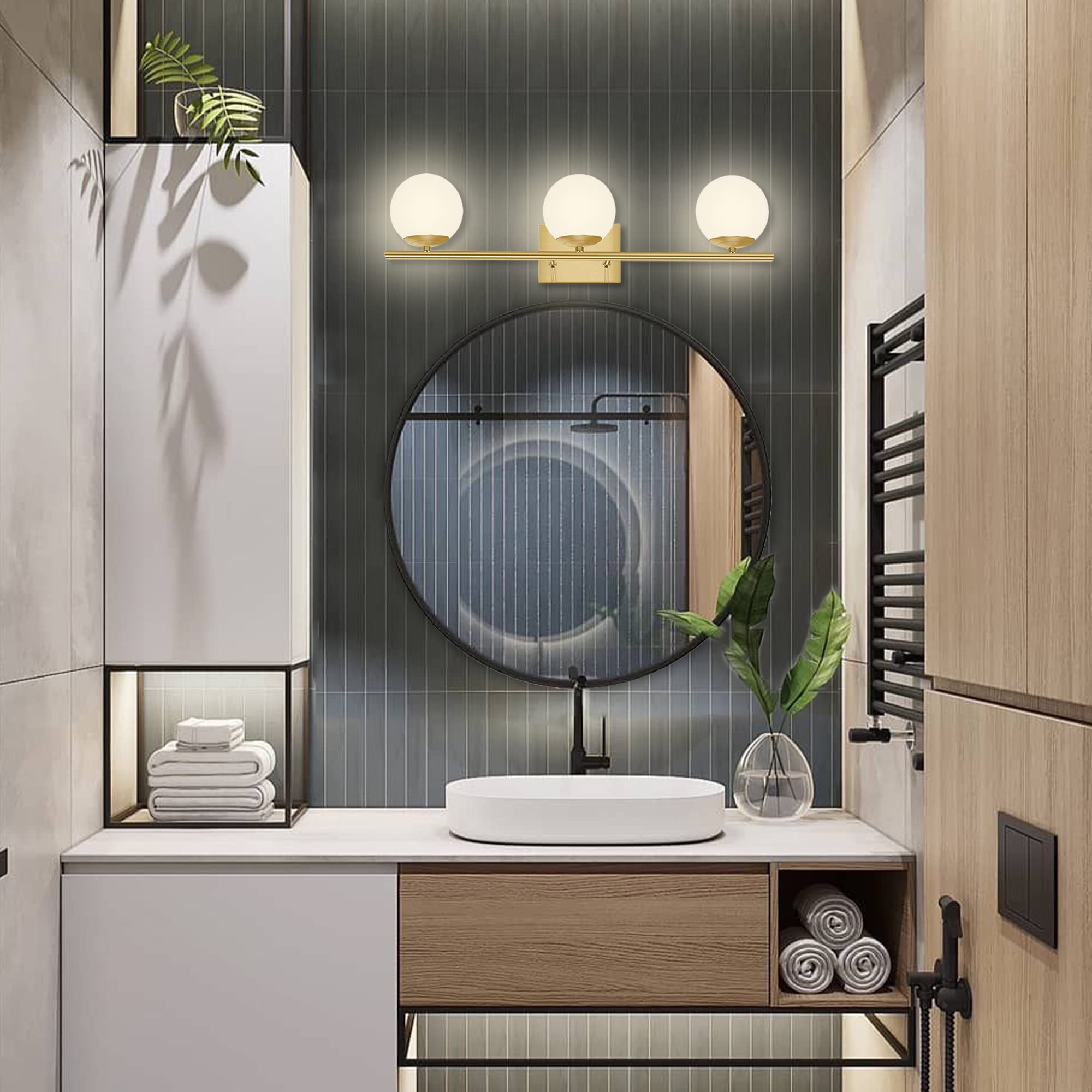 YHTlaeh New Bathroom Vanity Light Fixtures 3 Lights Brushed Brass Glass Shade Modern Wall Bar Sconce Over Mirror