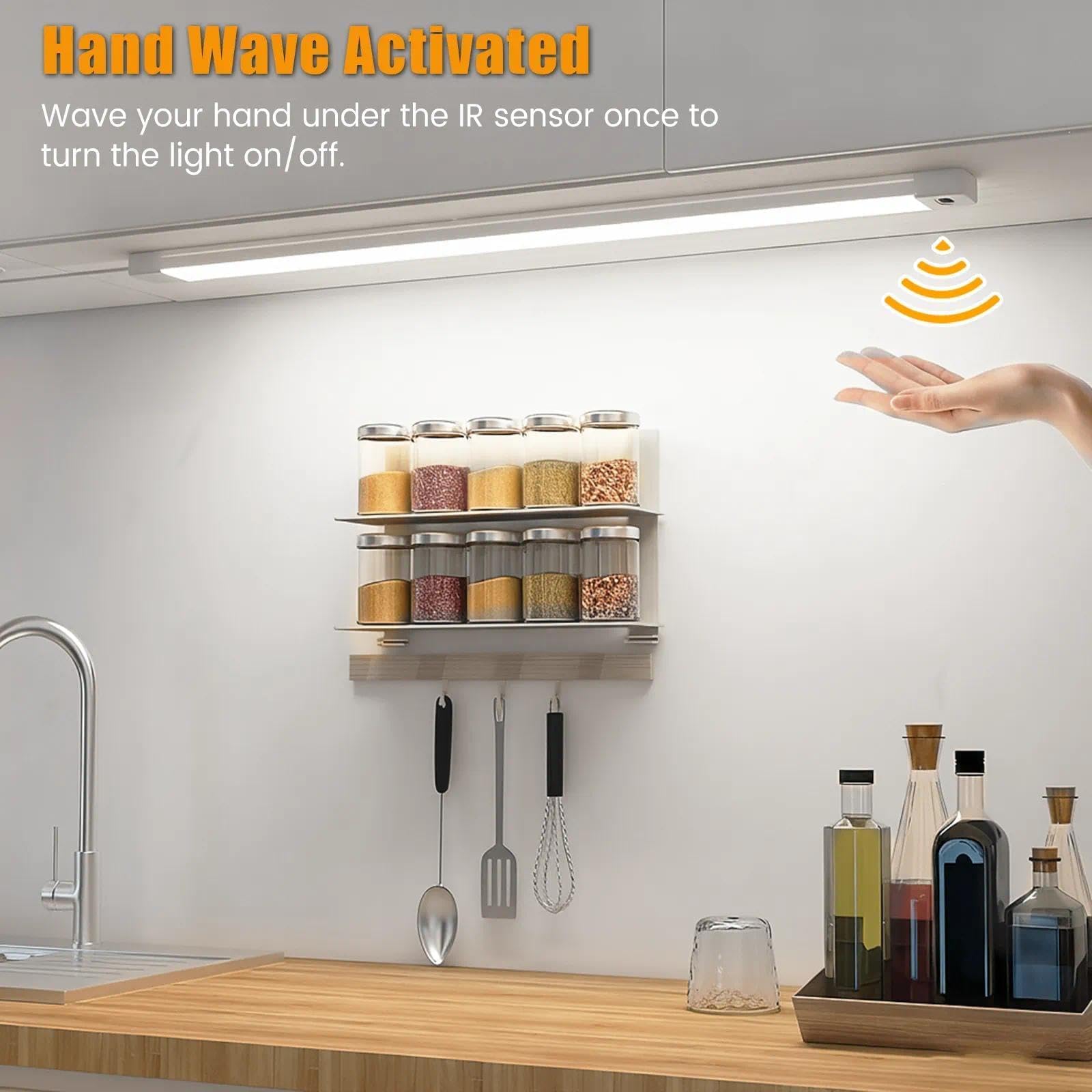 2Pcs 16 Inch Under Cabinet Lights With Hand Wave  Under Counter Lighting 5000K Cold White Dimmable Plug And Play Led Lights For Kitchen Cabinet  Cupboard  Closet  Desk
