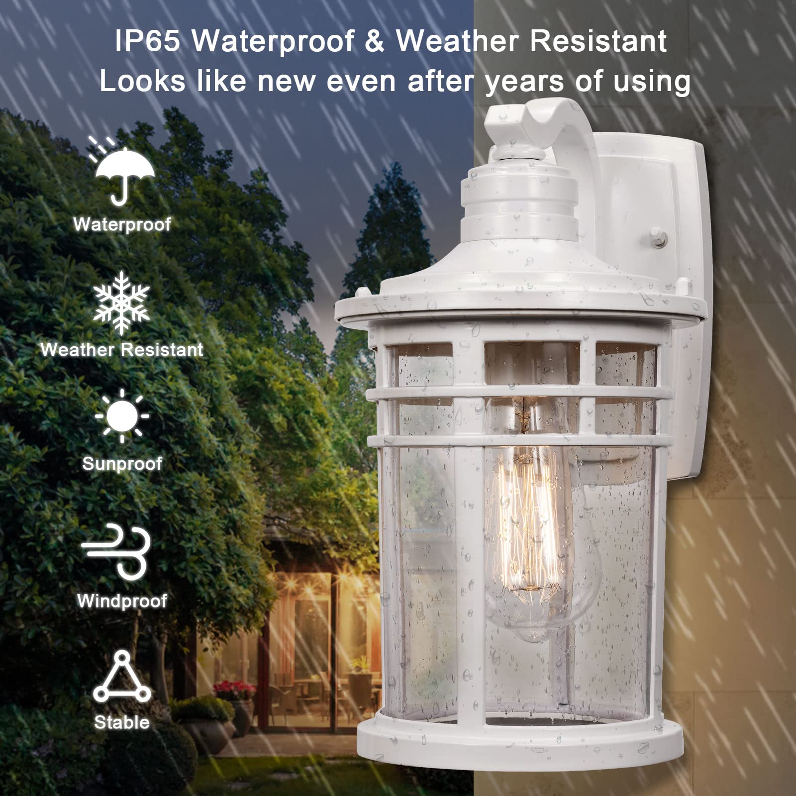 Darkaway Outdoor Porch Lights - Wall Mount Sconces, Waterproof Seeded Glass, Medium Size, White, Model 6X20B WH, 1 Pack