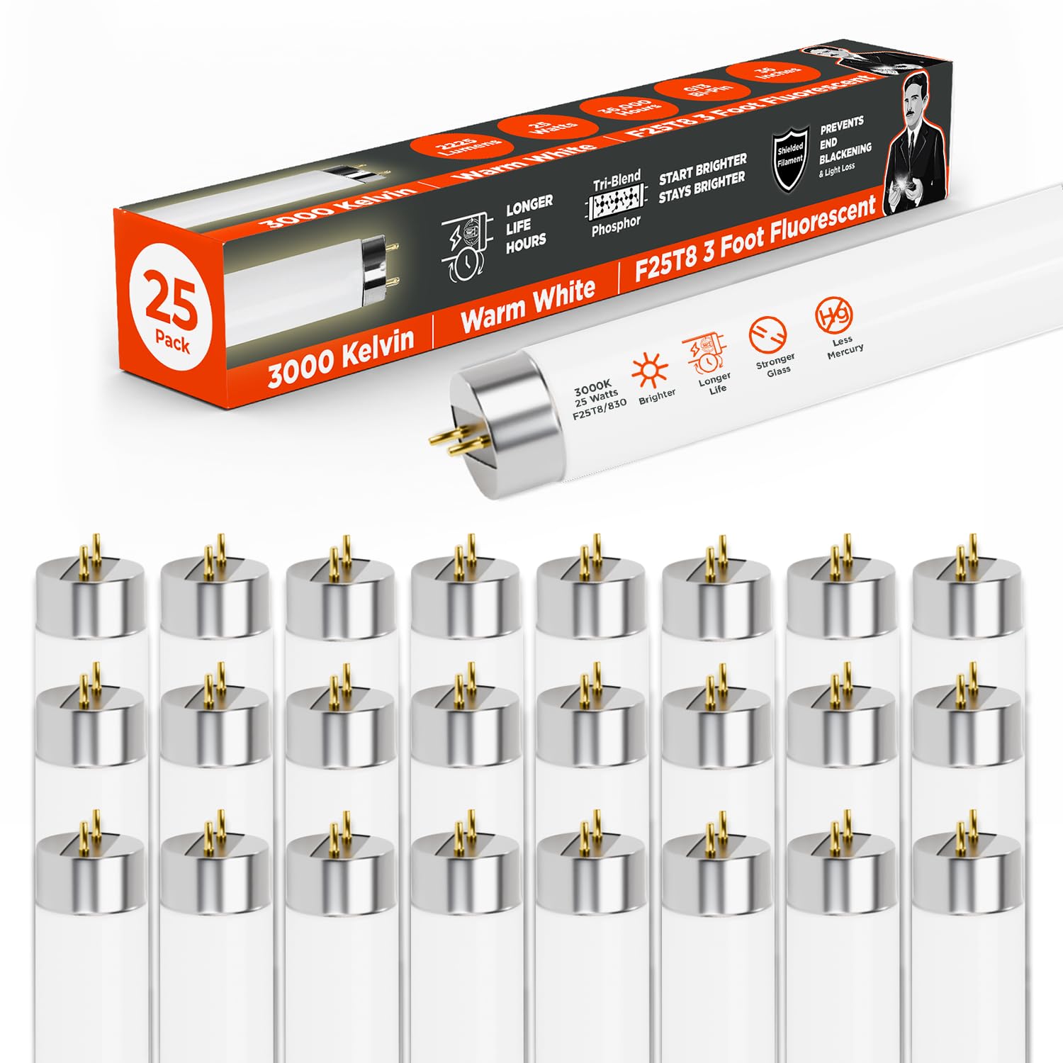Goodbulb 25W T8 Fluorescent Light Bulb - 3000K Warm White, 2225 Lumens, 25 Count Pack