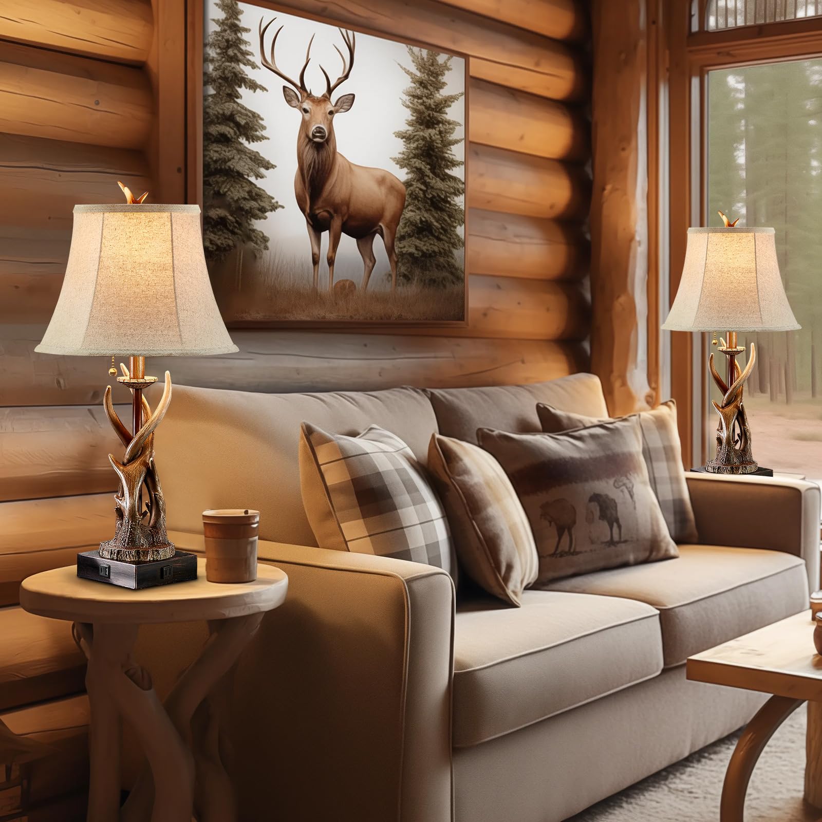 Bowobo Antler Table Lamps Set Of 2 With Usb A+C Ports For Bedroom Farmhouse Deer Rustic Bedside Lamps With Bell Shade For Living