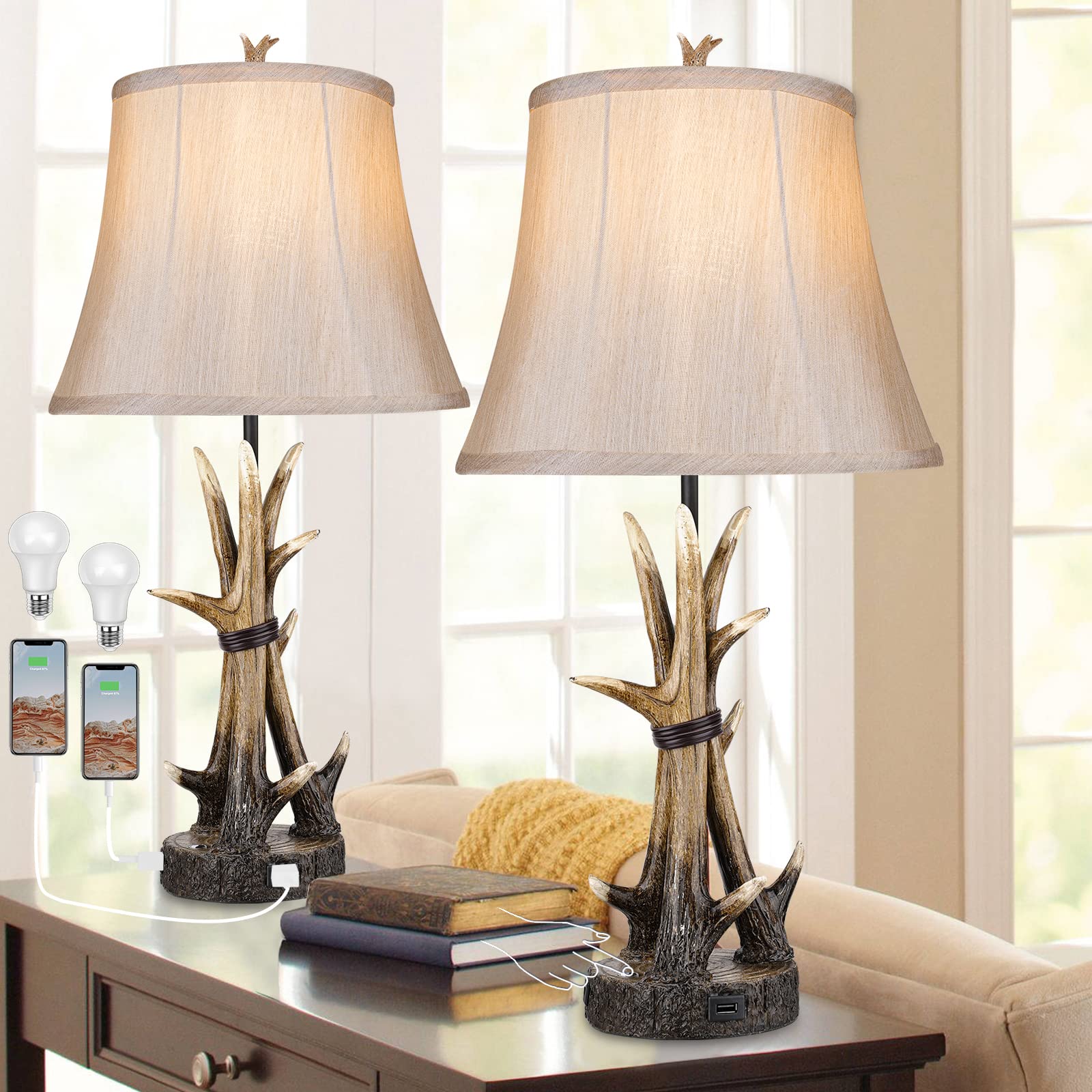 Rustic Table Lamps for Living Room Set of 2, Farmhouse Antler Western Bedside Lamp for Bedroom with 2 USB Charging Port, 3-Way D