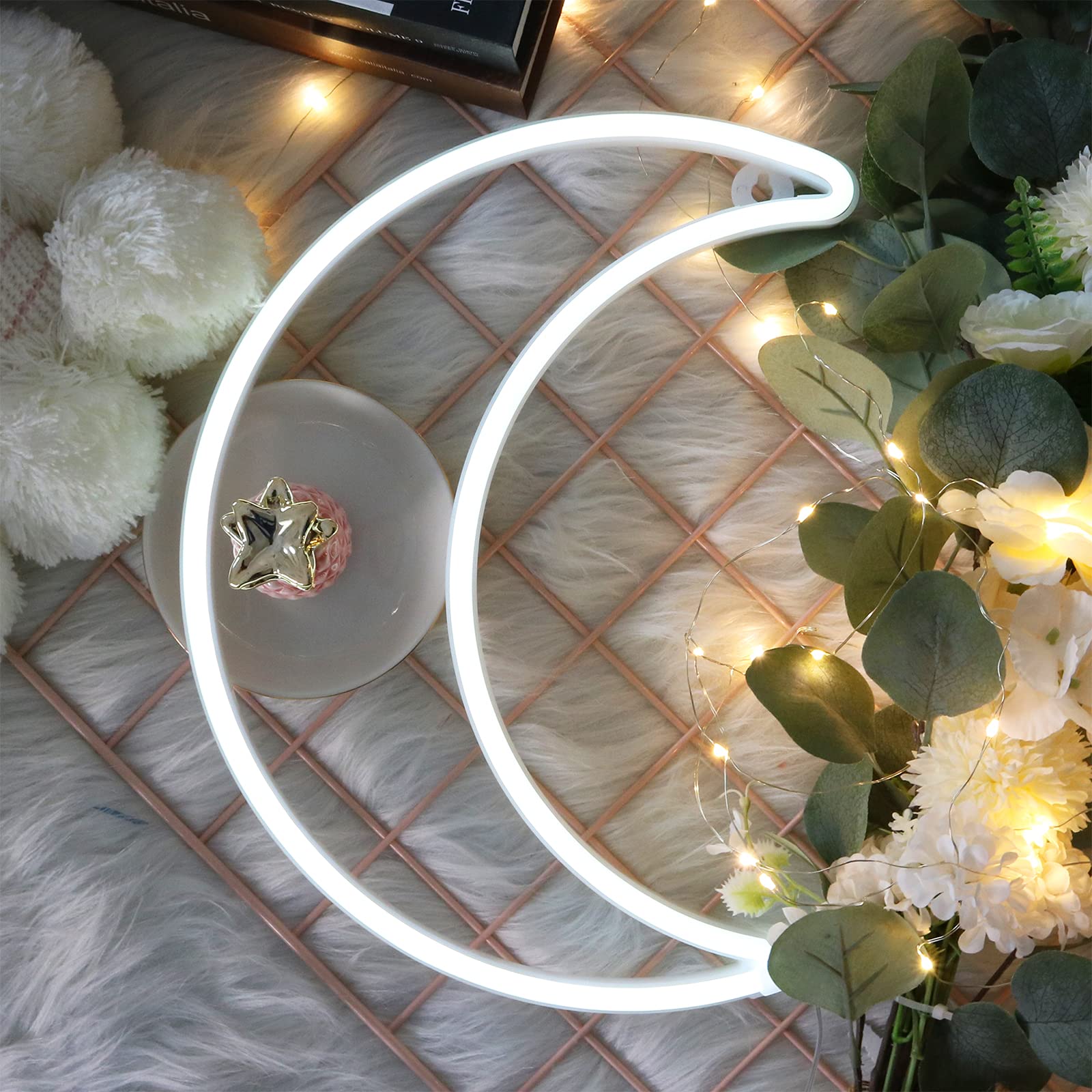 YAOZHOU LED Moon Neon Light, Cool White, USB/Battery Powered Decorative Night Light for Home, Office, Bedroom, Party