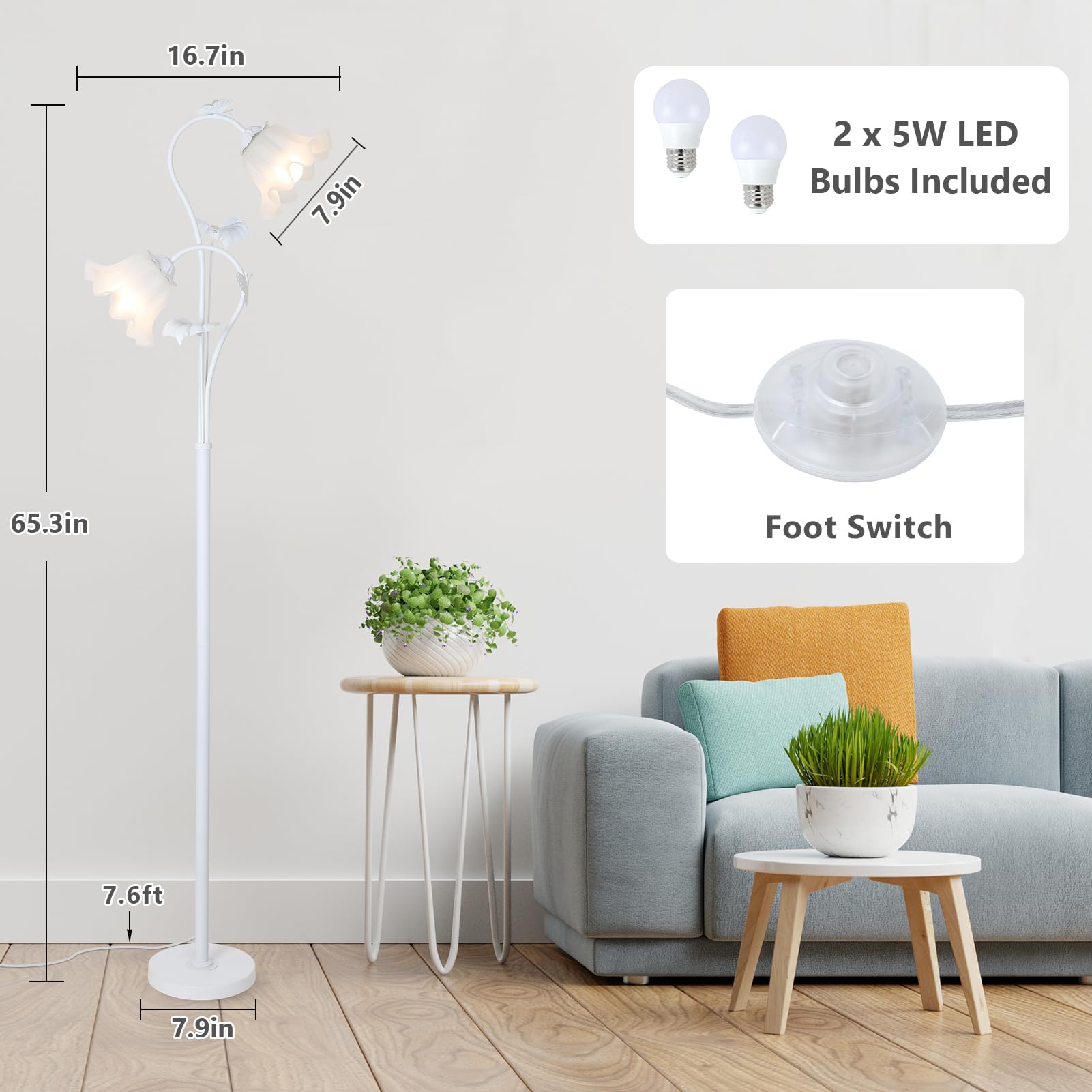 Hmvpl White Flower Standing Lamp, Floral Tall Lamp With 2 Led 5W Blubs, Foot Switch, Modern Corner Floor Lamp With Acrylic Shade