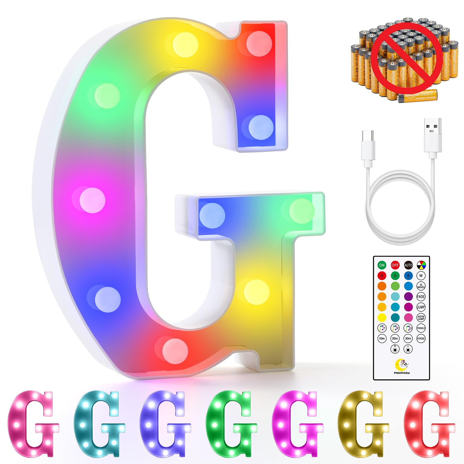 Mooncow Rechargeable Light Up Letters,Colorful Marquee Letters With Remote,Gift Wrap Gifts,Bedroom Home Bar Party Decor (G)