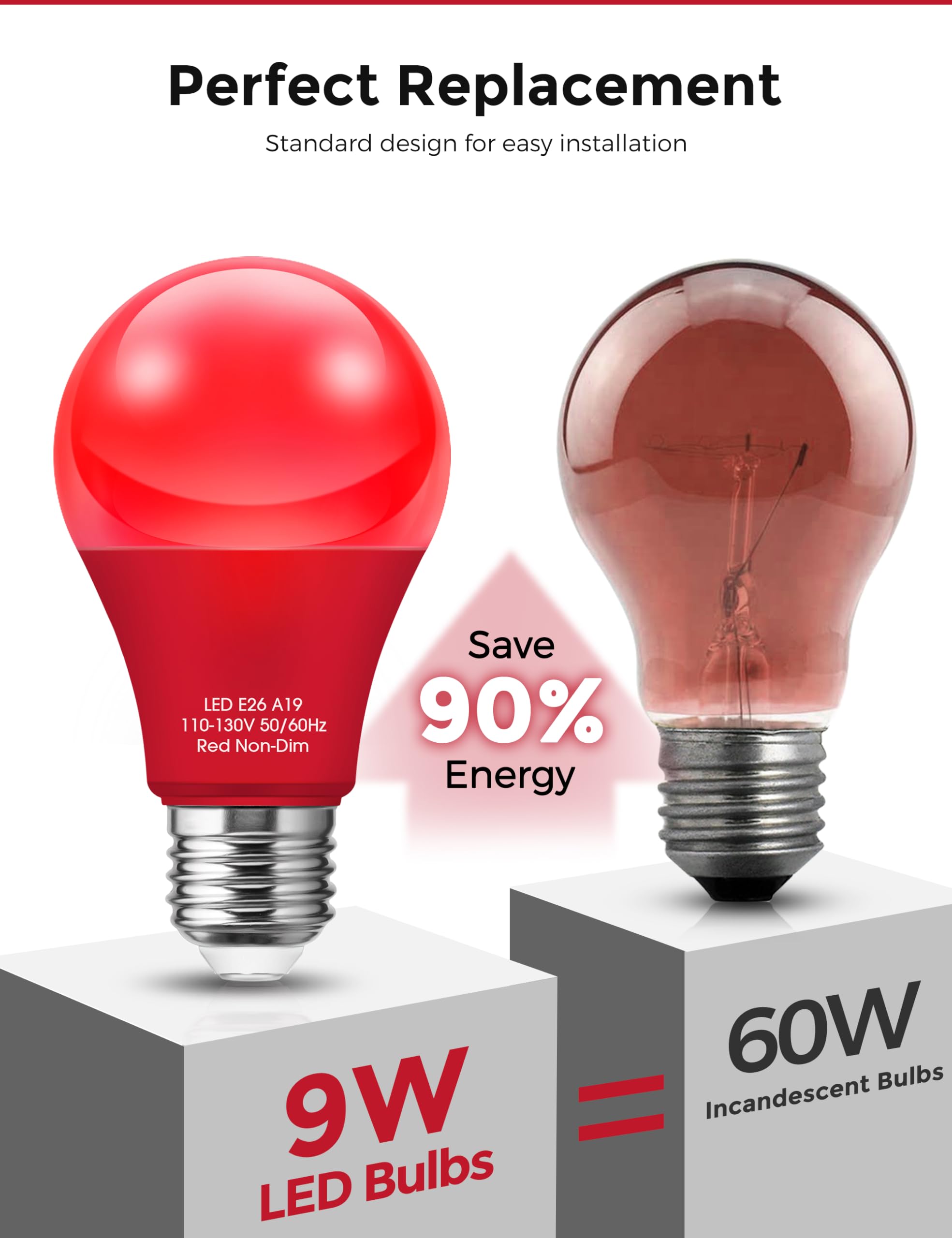 Doresshop Red Liight Bulbs  A19 Led Christmas Light Bulbs  9W (60 Watt Equivalent) E26 Light Bulbs 720Lm Red Bulbs Outdoor For Halloween Christmas Lighting  Porch  Non-Dimmable  2 Pack