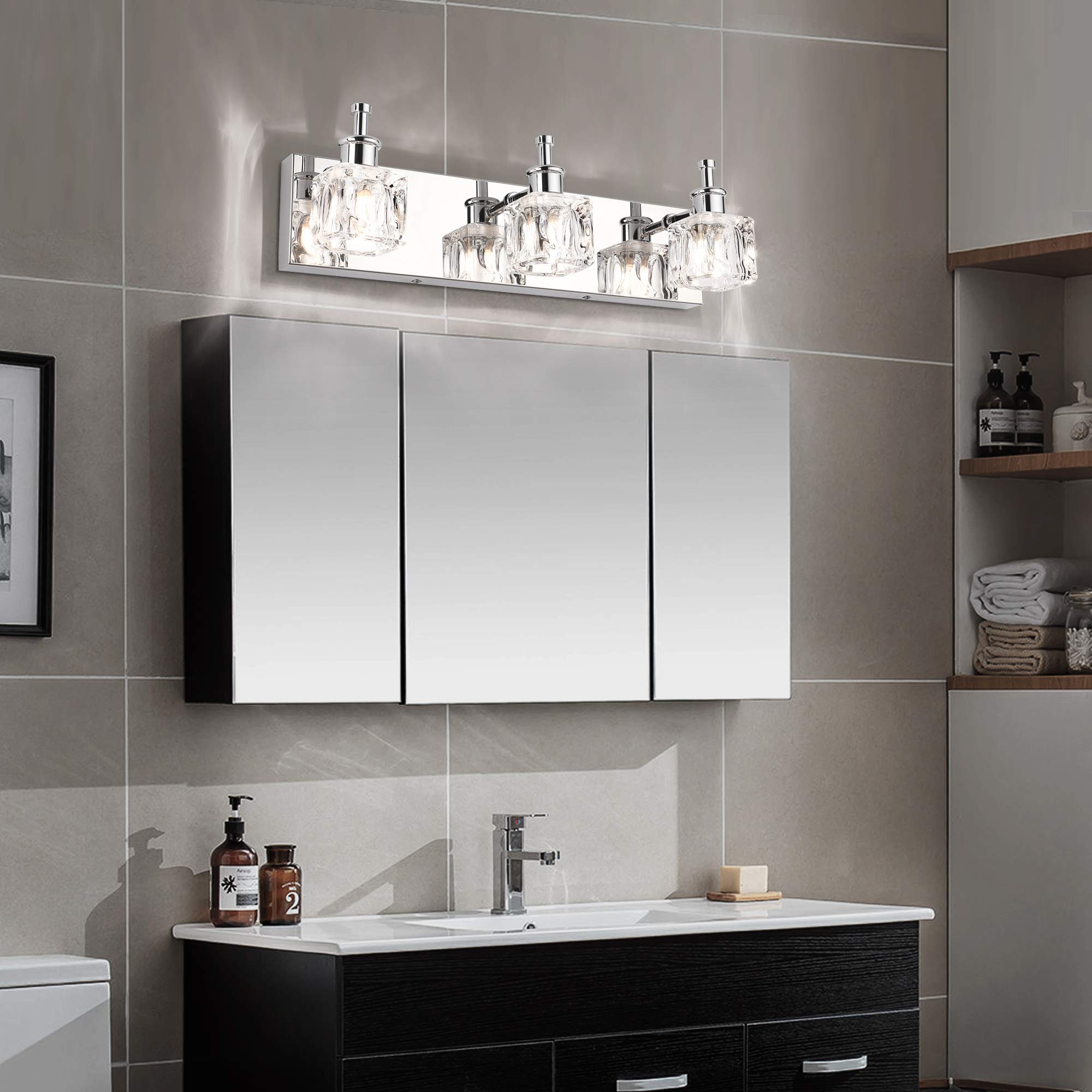 PRESDE Bathroom Vanity Lights Fixture, 3-Lights, LED, Modern Chrome, Crystal Glass Globe, Excludes Bulb