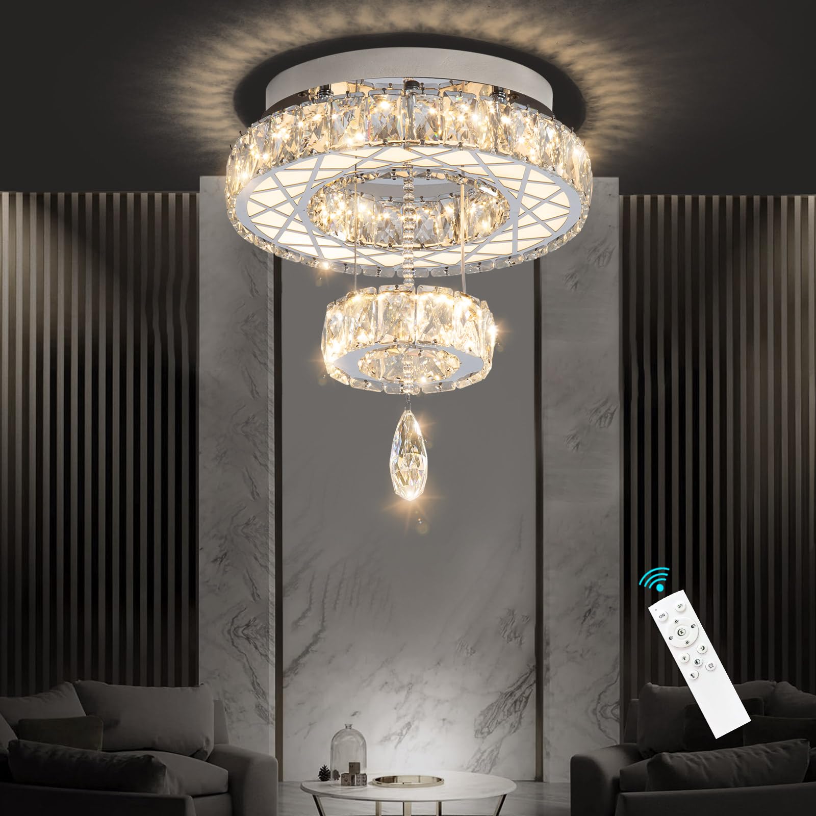 HAIXIANG LED Chandelier Ceiling Light 16 Inch Silver Stainless Steel & Crystal MMQ3831 Dimmable for Bedroom Kitchen Dining Room