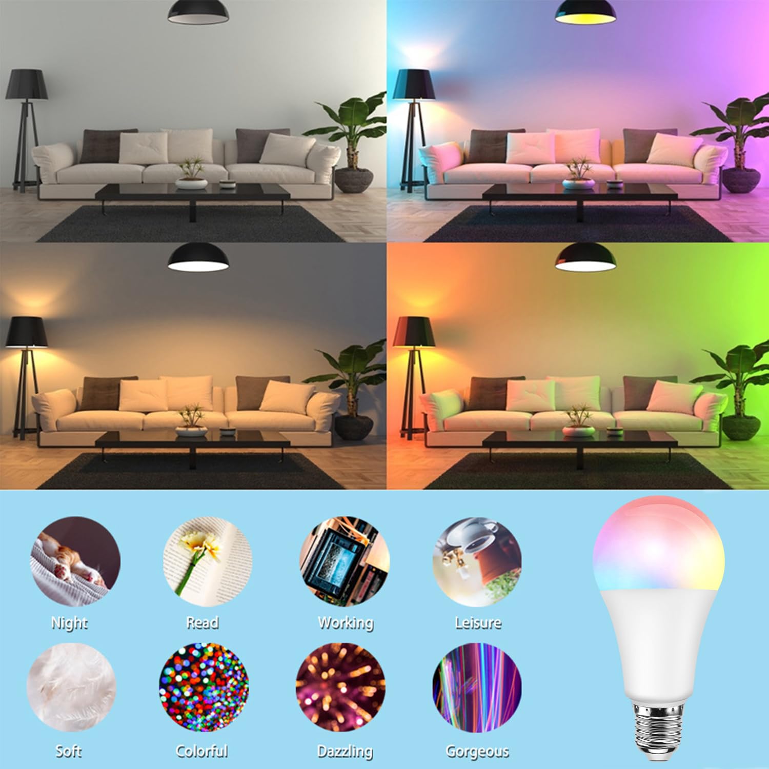 Yknawoir Color Changing Light Bulb With Remote, Rgb Light Bulbs 9W A19 6500K White E27/E26, Memory,16 Color Choices Multicolor D