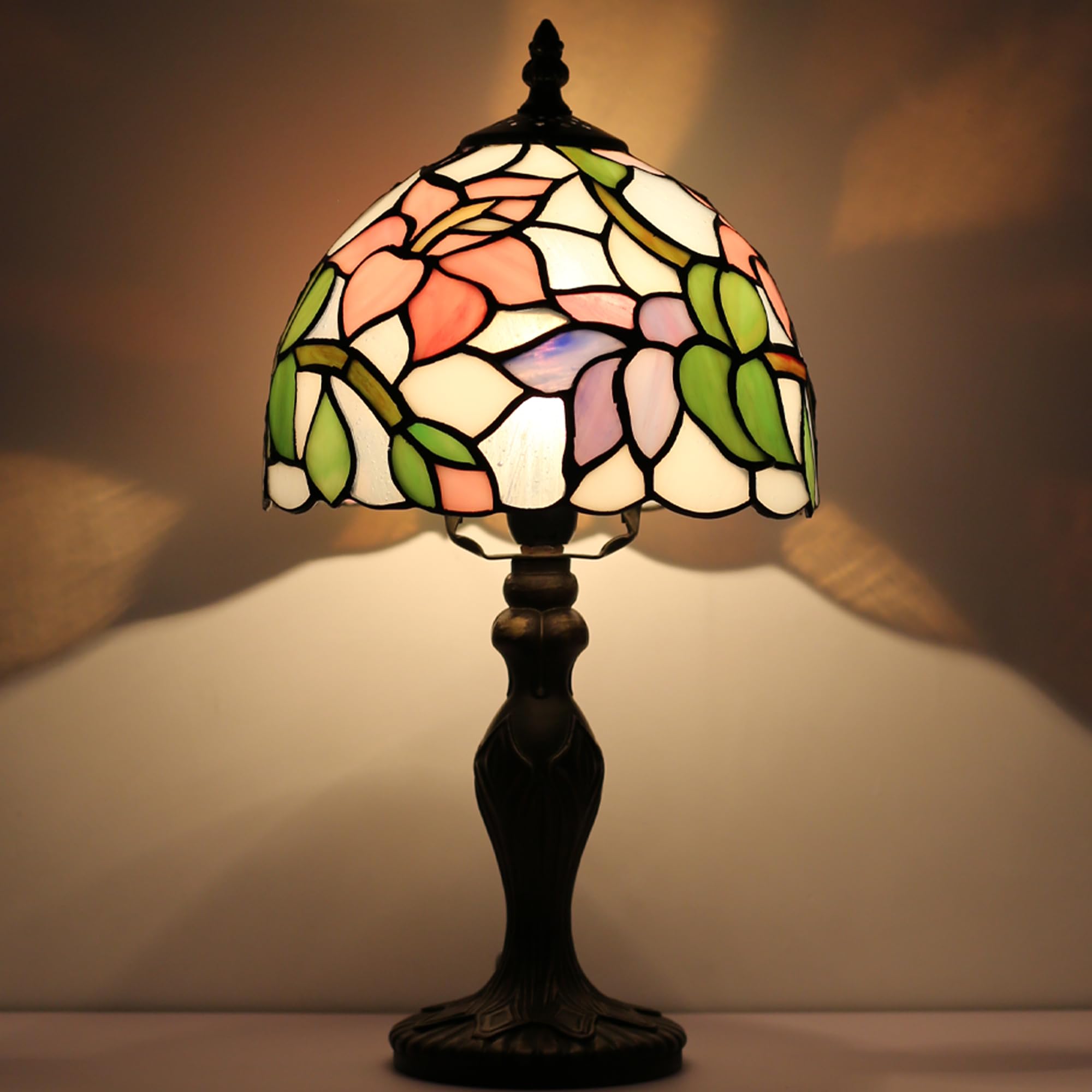 LUSTIX Tiffany Style Lamp Stained Glass Table Lamp 8 x 14.5  Pink Flower Design Mini Accent Lamp Small Decorative Bedside Memory Light