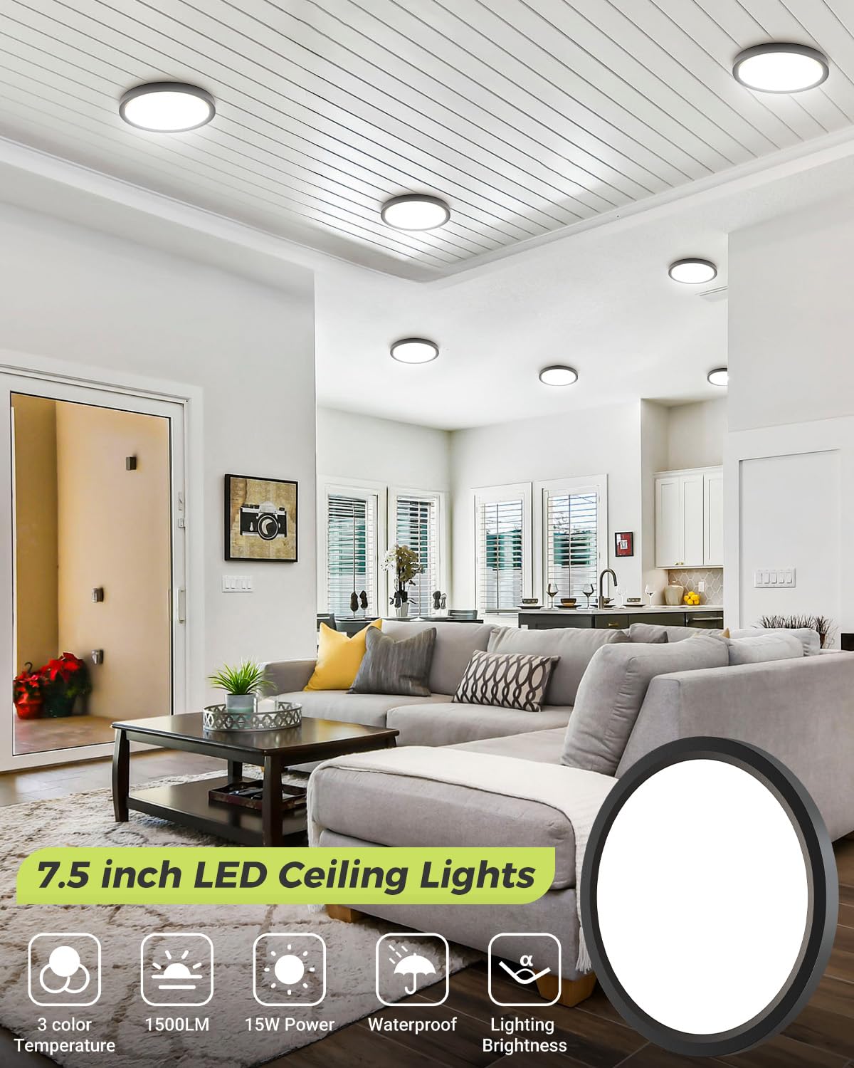 6Pack Led Flush Mount Ceiling Light - 3Cct Selectable 3000K-4000K-6500K & 100W Equivalent Modern Kitchen Recessed Ceiling Lamp 1