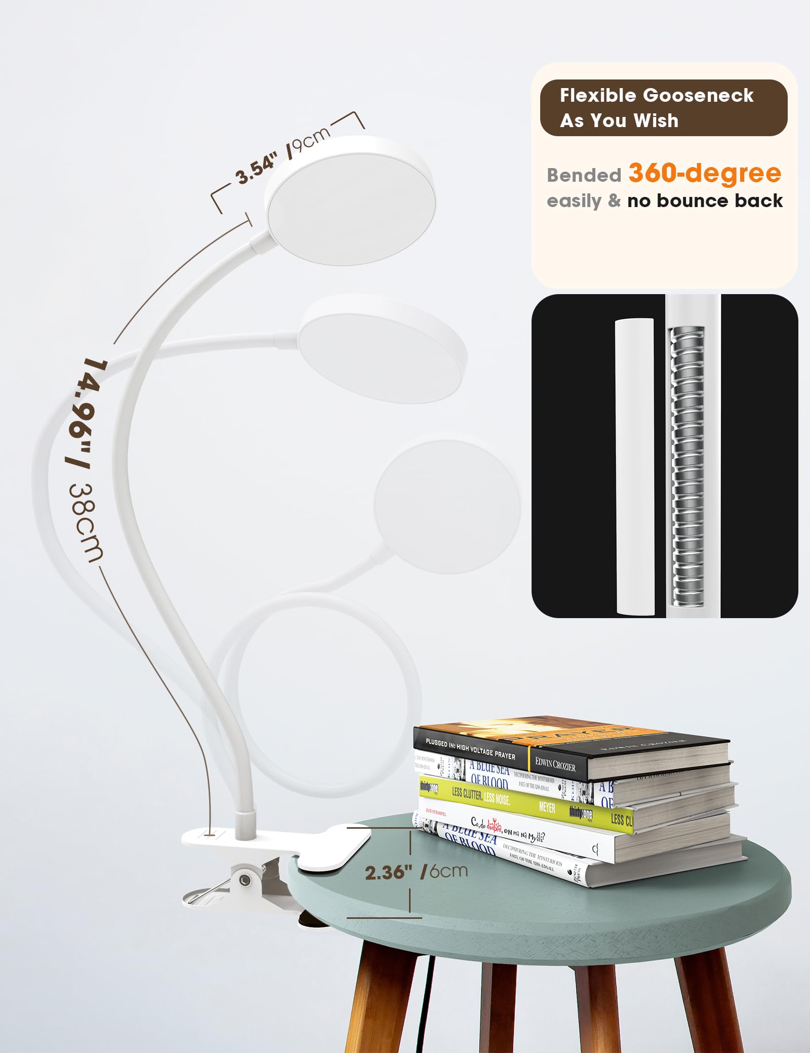 Lifmira 8W Clip-On Bed Lamp, 66 Leds, Dimmable, Eye-Caring, 5 Colors, White