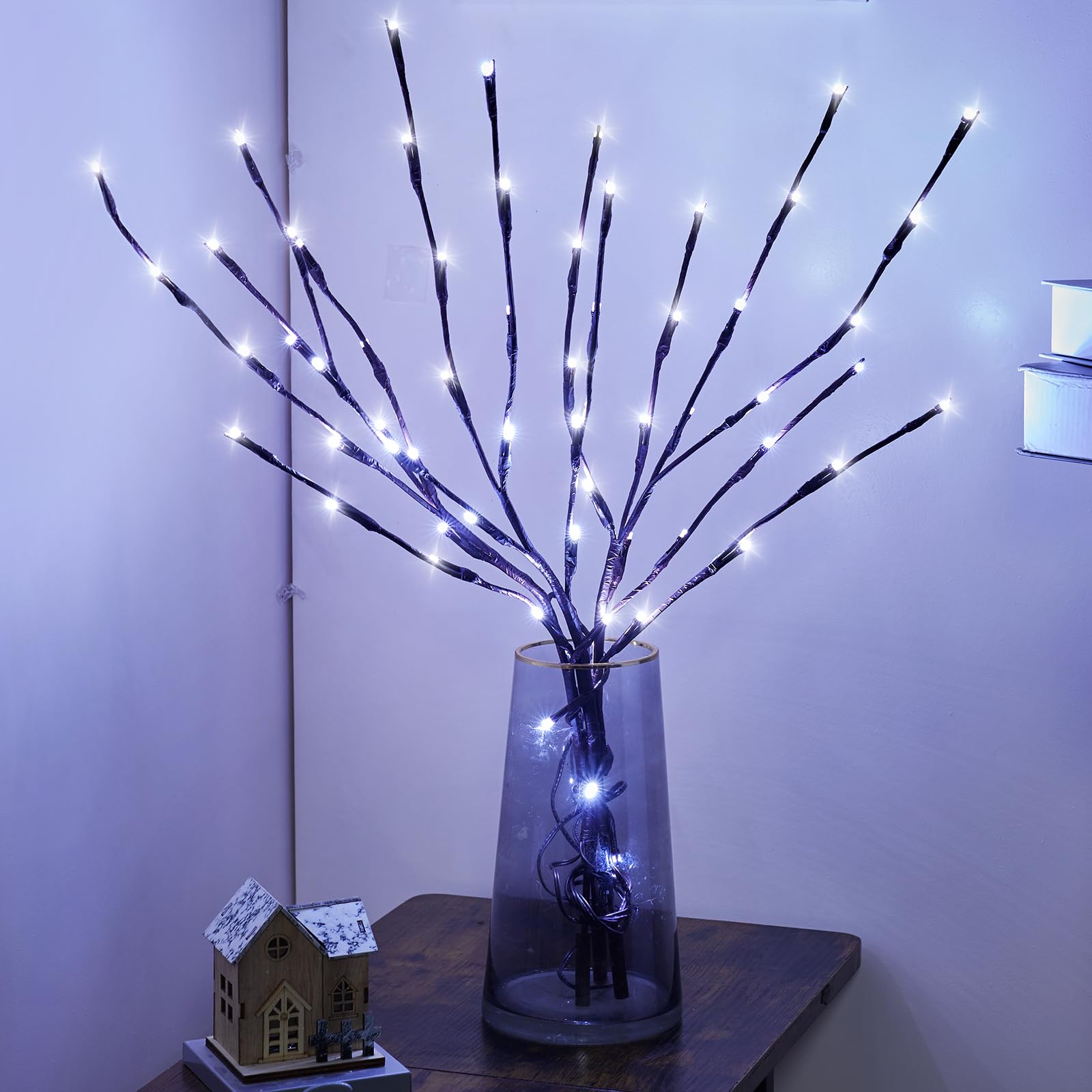 Minetom Lighted Branches for Vases - 24-Inch 60 LED White Twig Lights, 3 Pack, Bendable for Indoor/Outdoor Christmas Decoration